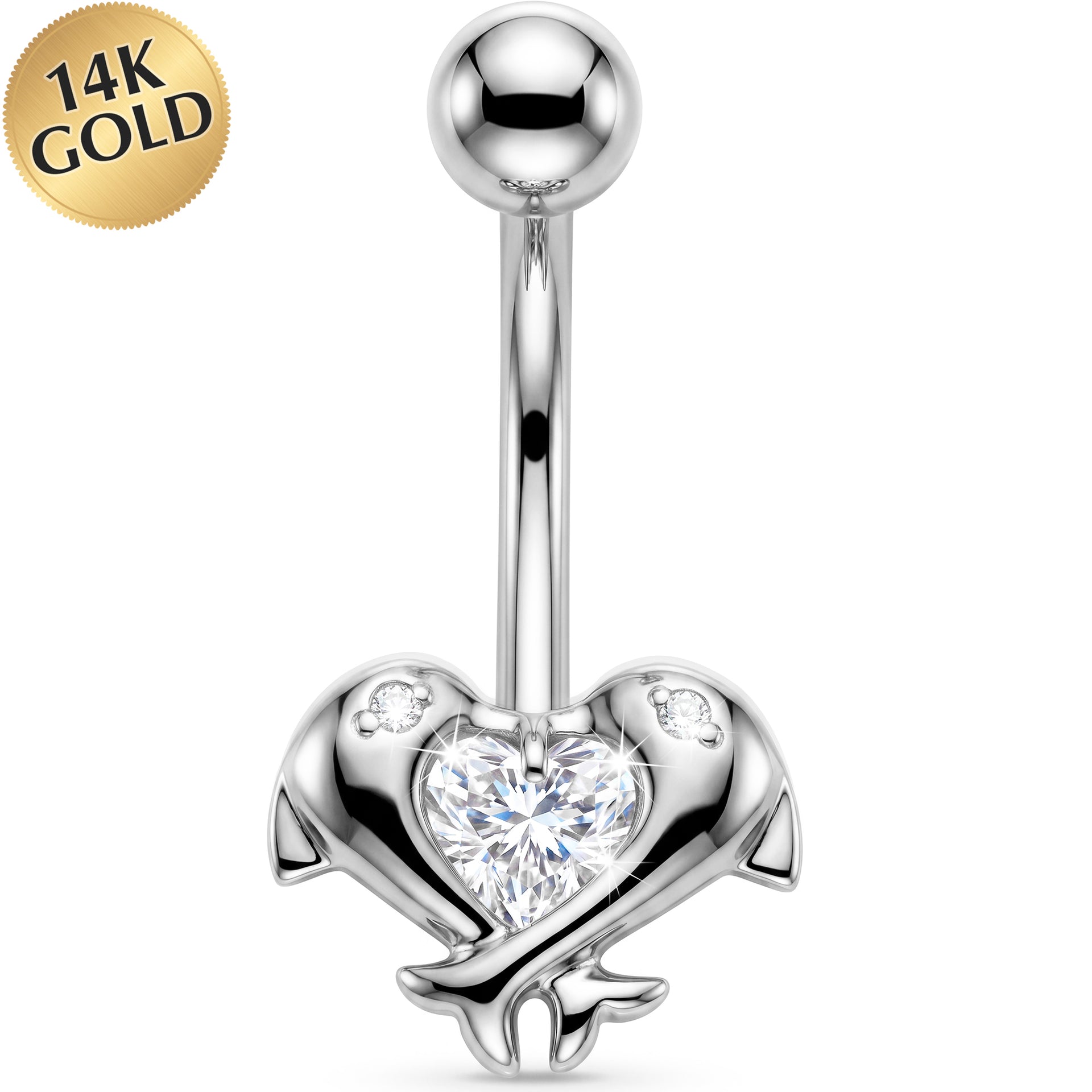 16G Solid 14k White Gold Cubic Zirconia Dolphin Kiss Belly Ring