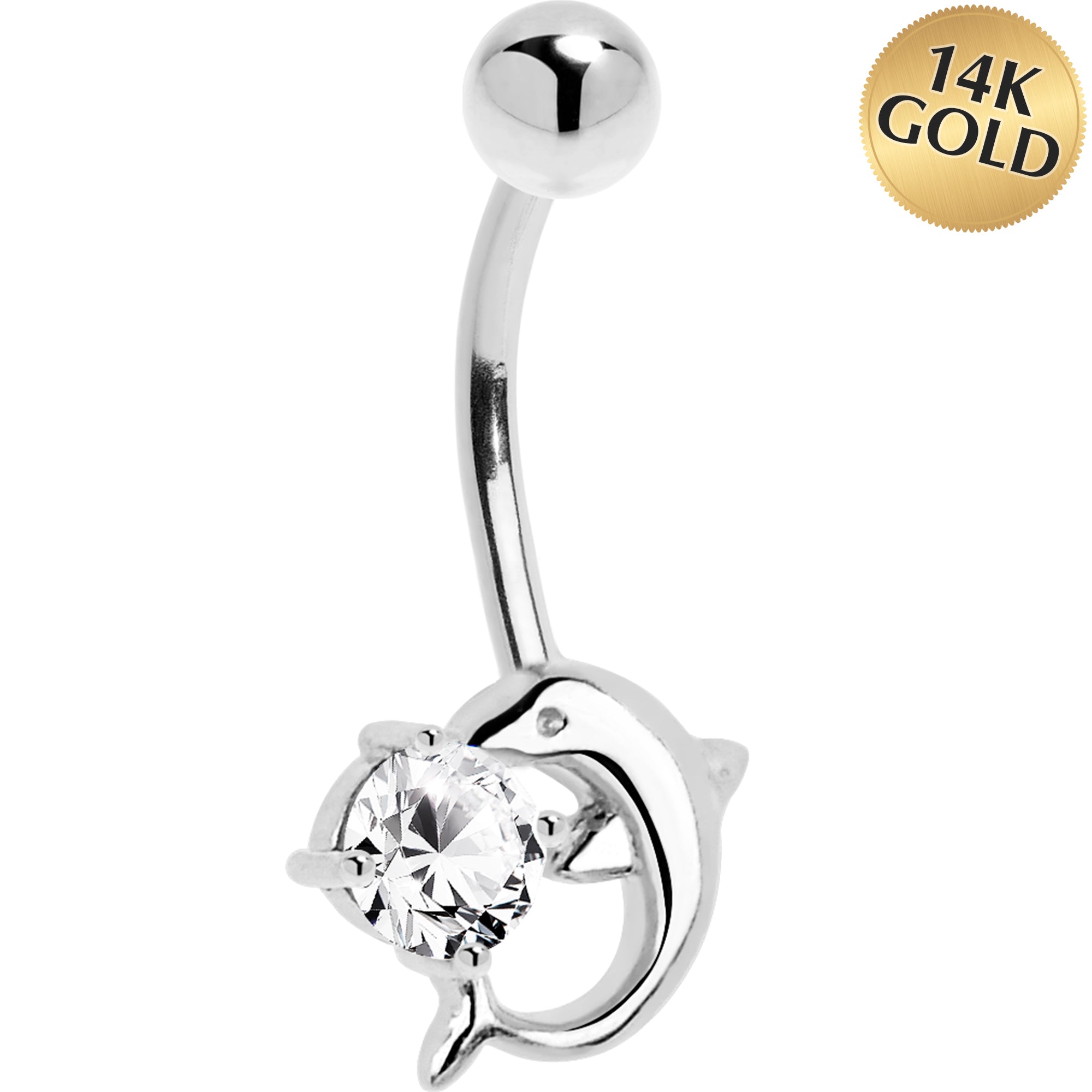 16G Solid 14k White Gold Dolphin Clear Cubic Zirconia Belly Ring
