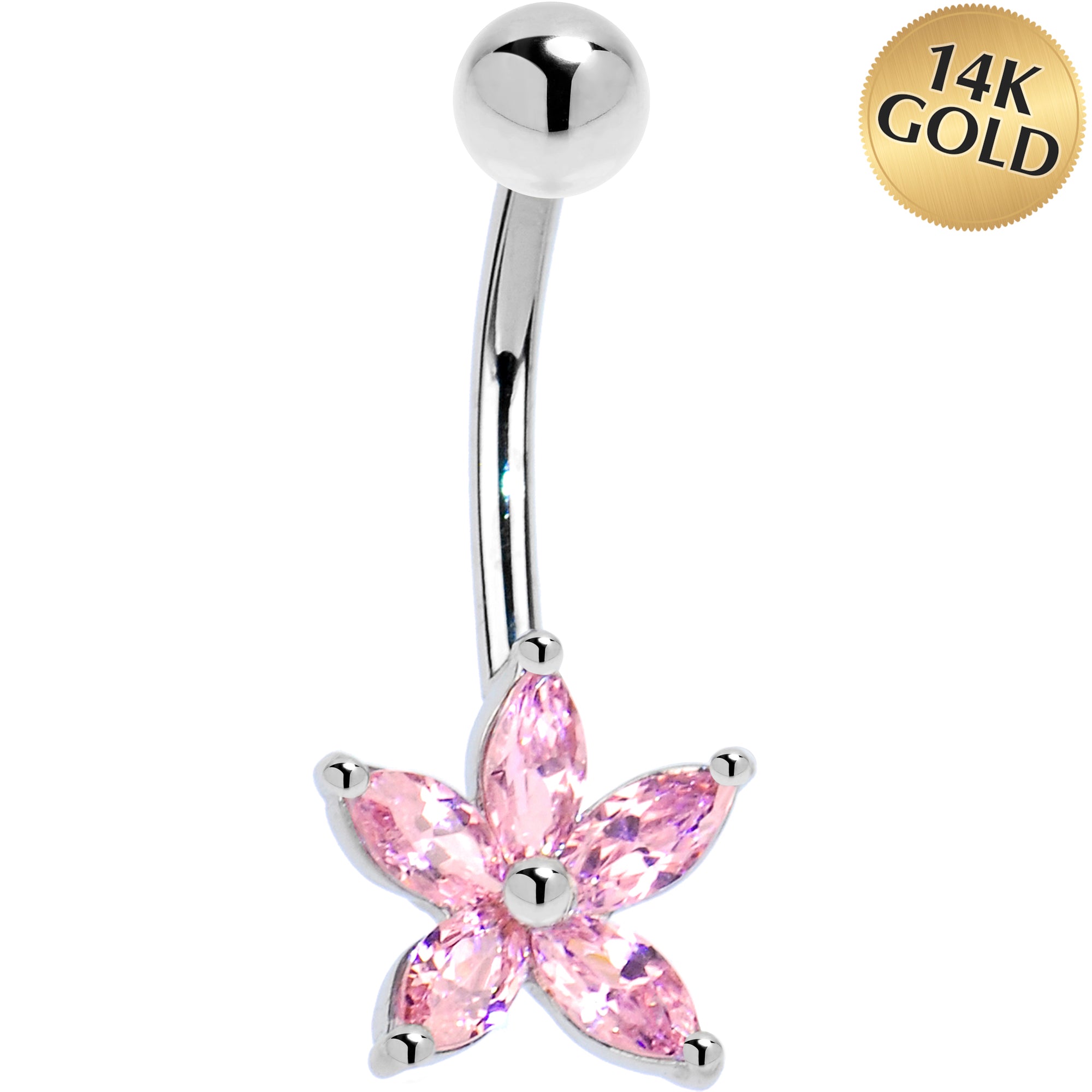 16G Solid 14k White Gold Pink Cubic Zirconia Lily Belly Ring