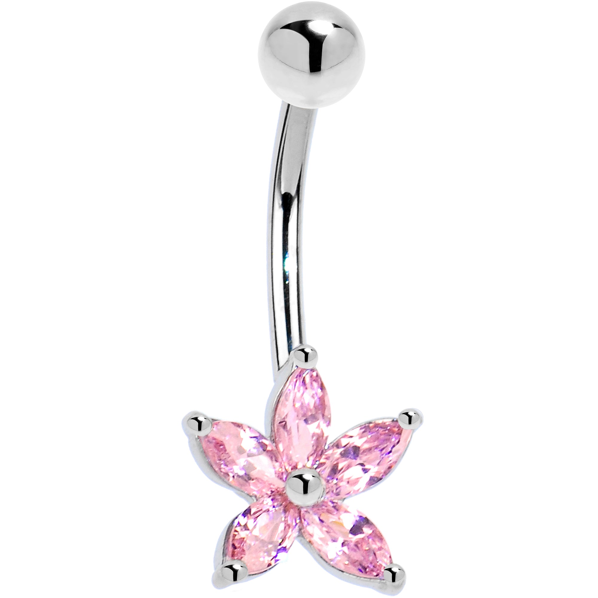16G Solid 14k White Gold Pink Cubic Zirconia Lily Belly Ring