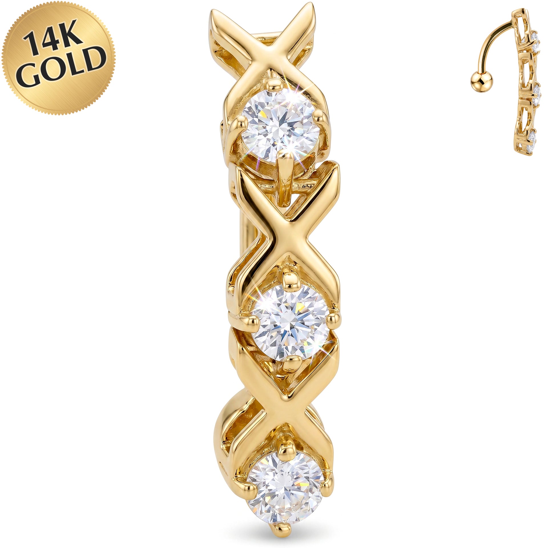 16G Solid 14k Yellow Gold Top Mount Cubic Zirconia Xoxo Belly Ring