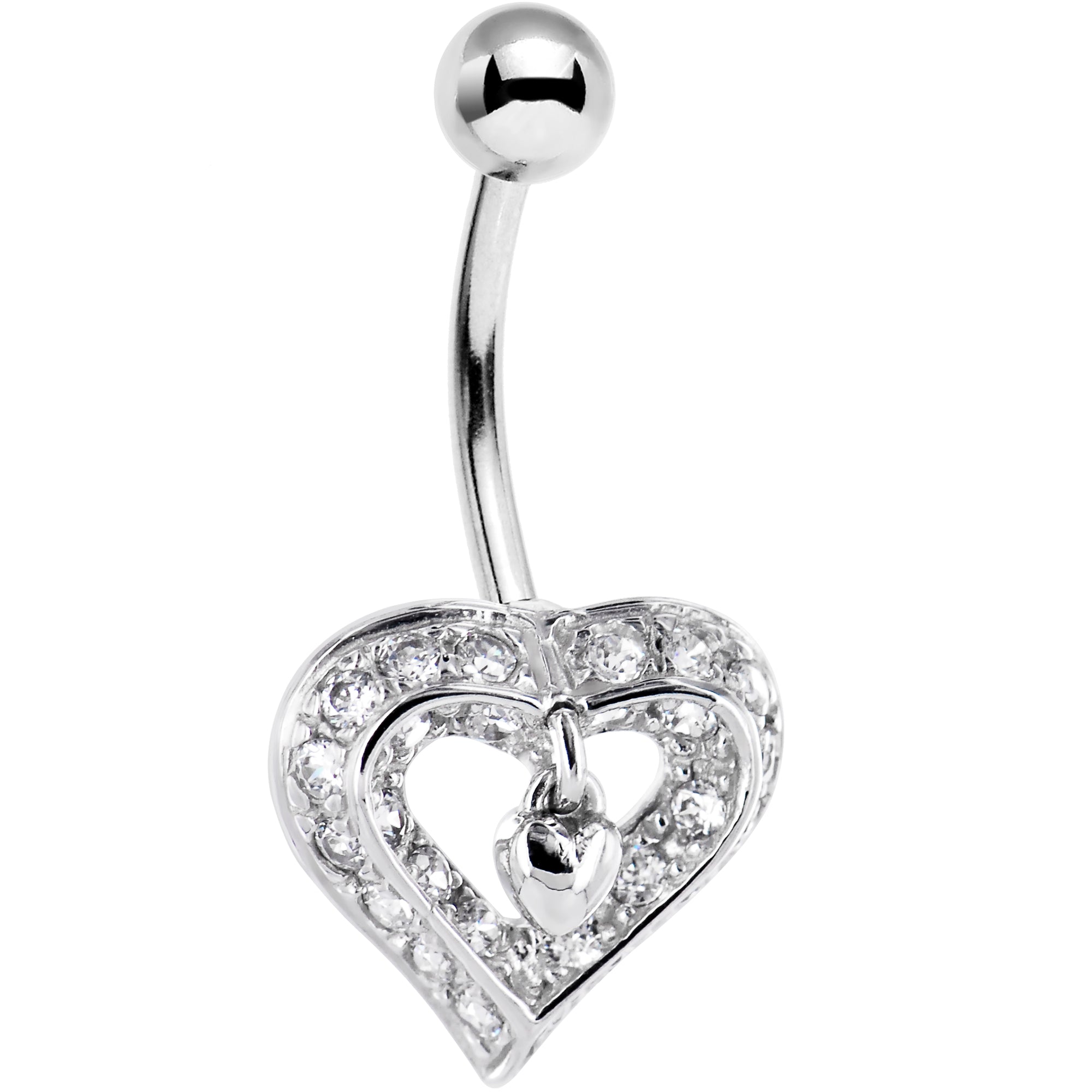 16G Solid 14K White Gold Cubic Zirconia CHARMING HEART Belly Ring