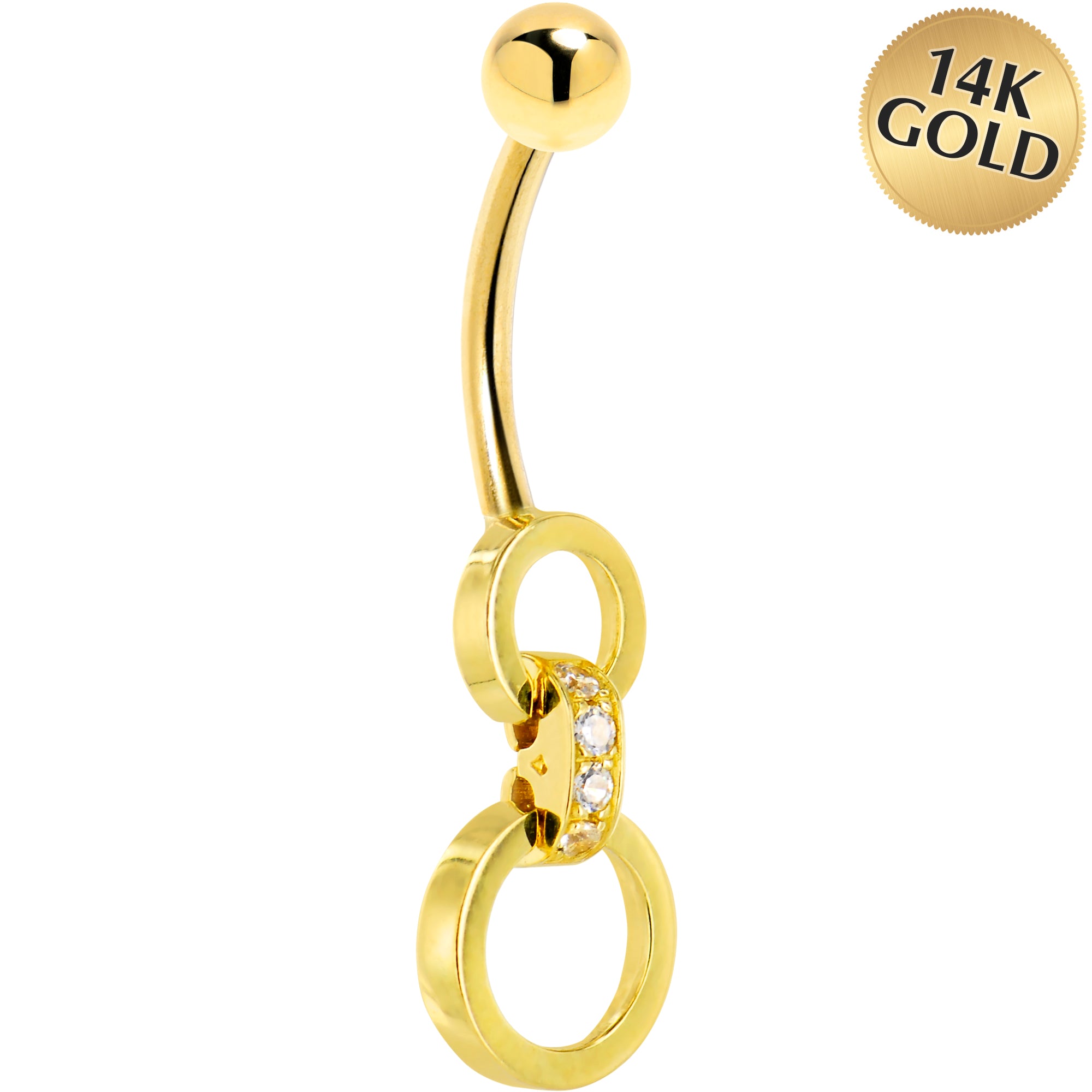 16G Solid 14K Yellow Gold Circular Cubic Zirconia Hoop Dangle Belly Ring