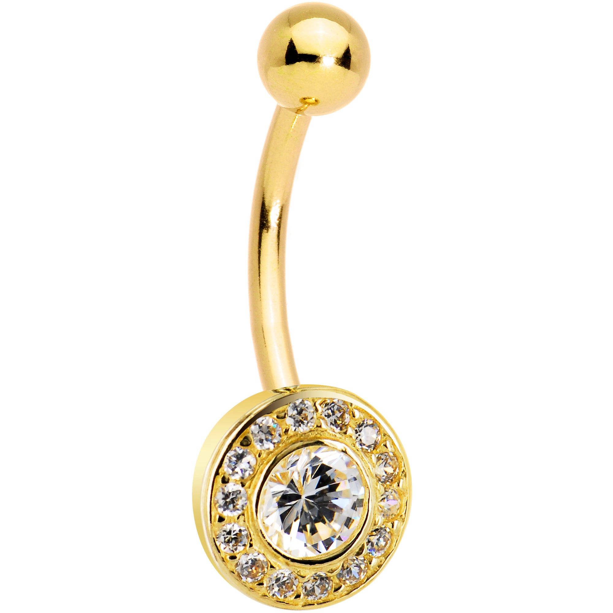 16G Solid 14K Yellow Gold Cubic Zirconia Round Belly Ring
