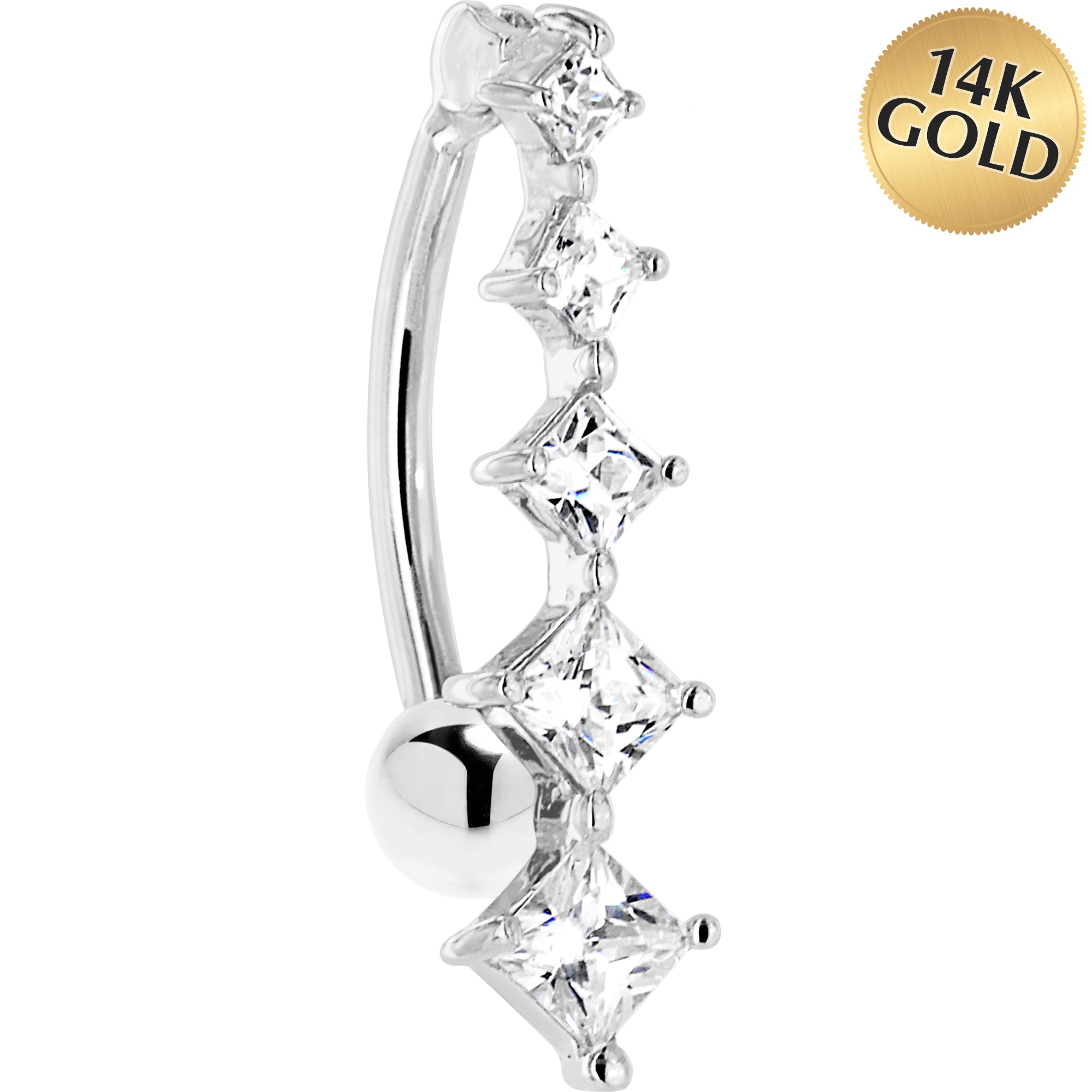 16G Solid 14K White Gold TOP MOUNT Cubic Zirconia SQUARE JOURNEY Belly Ring