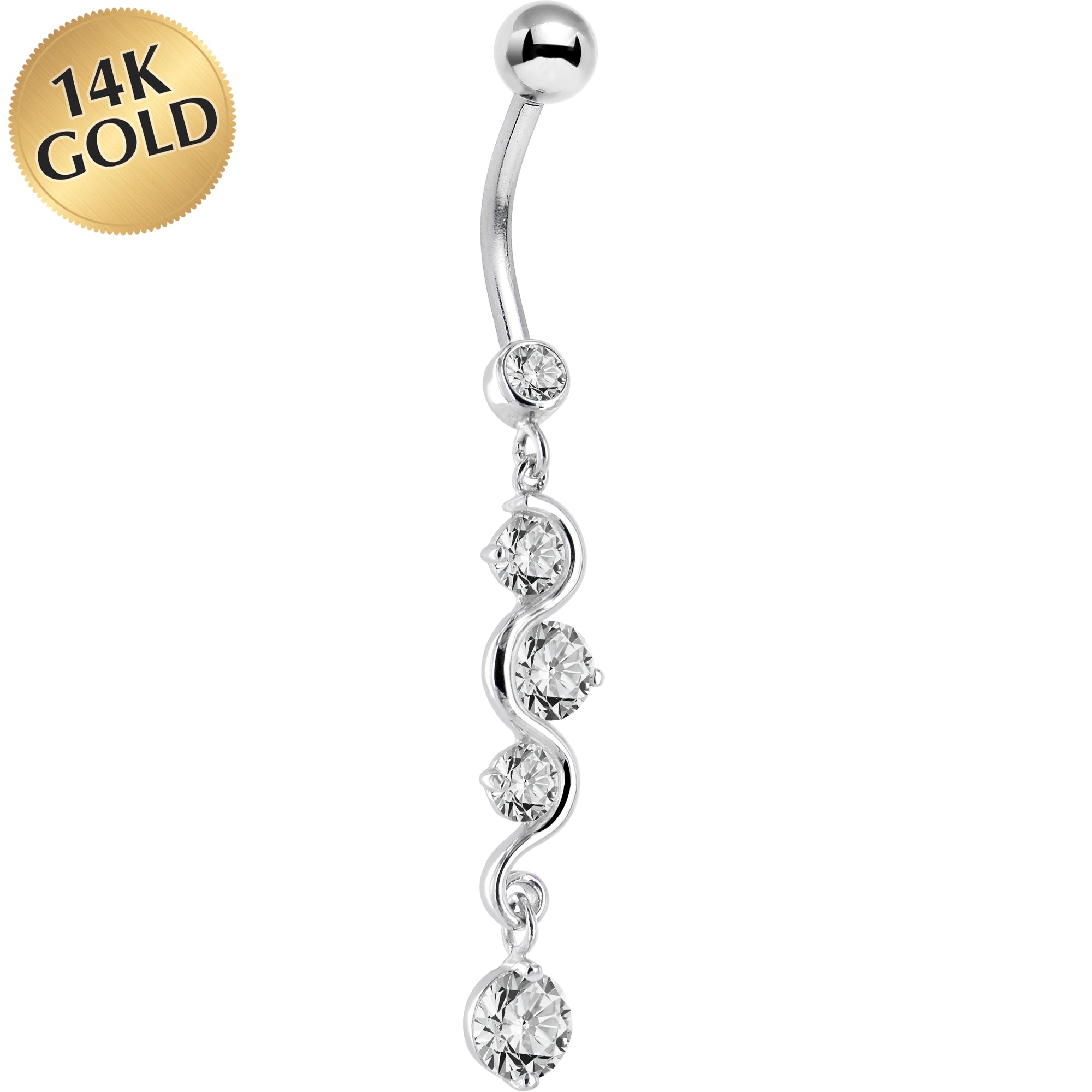 16G Solid 14K White Gold Scroll Delight Cubic Zirconia Belly Ring