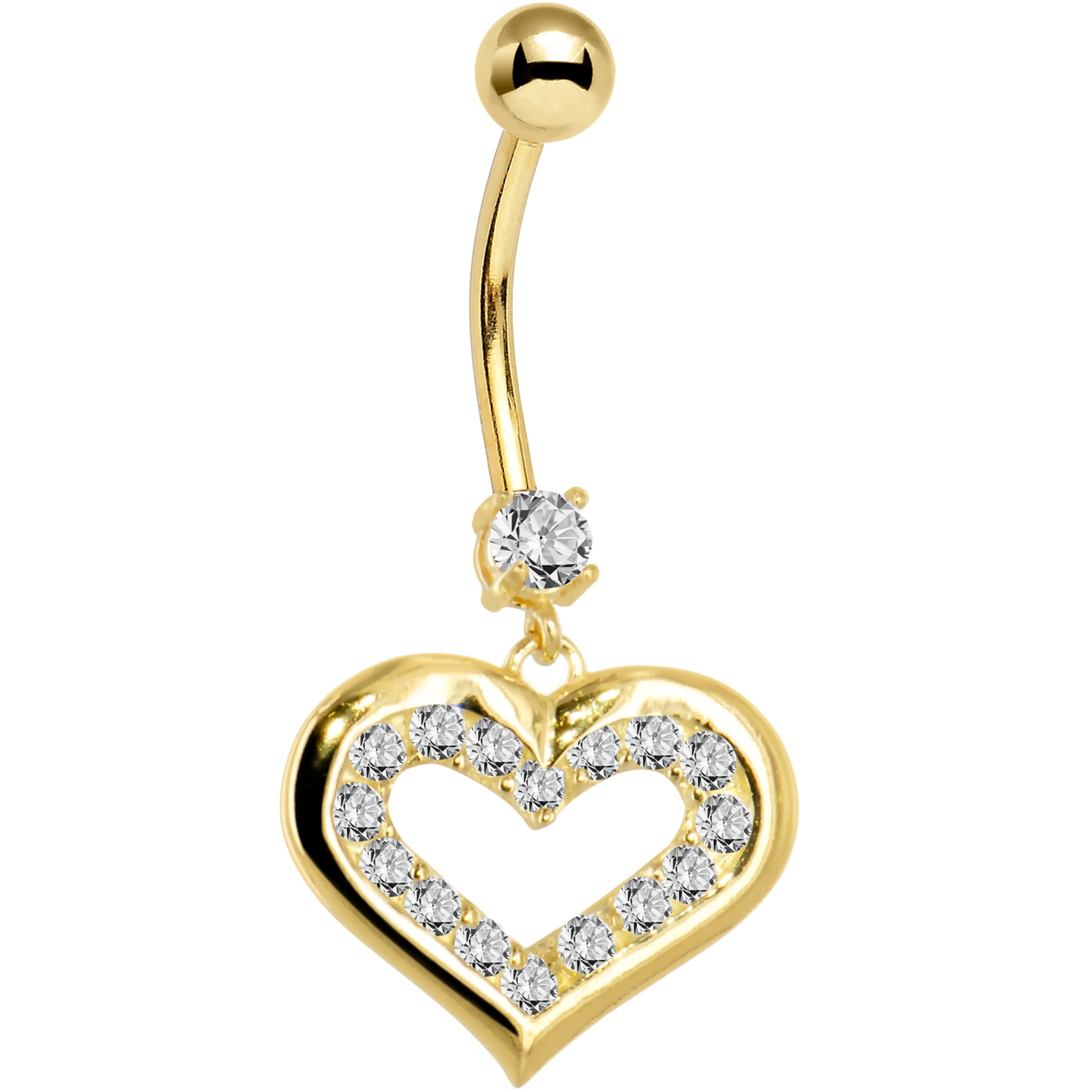 16G Solid 14K Yellow Gold CZ Encased Heart Dangle Belly Ring