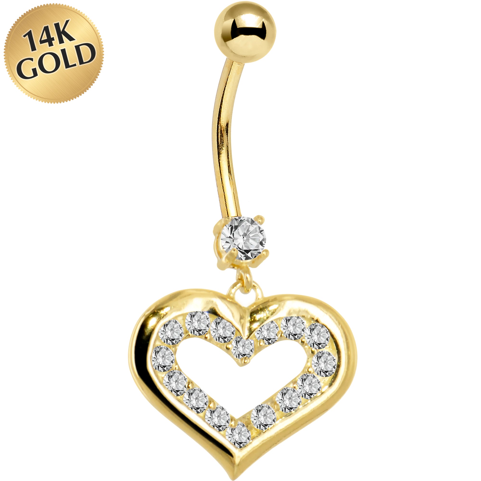 16G Solid 14K Yellow Gold CZ Encased Heart Dangle Belly Ring