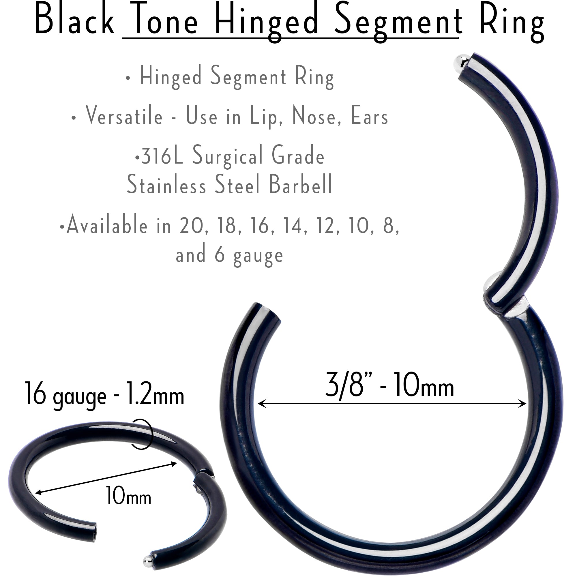 16G 3/8 Black PVD Hinged Segment Ring