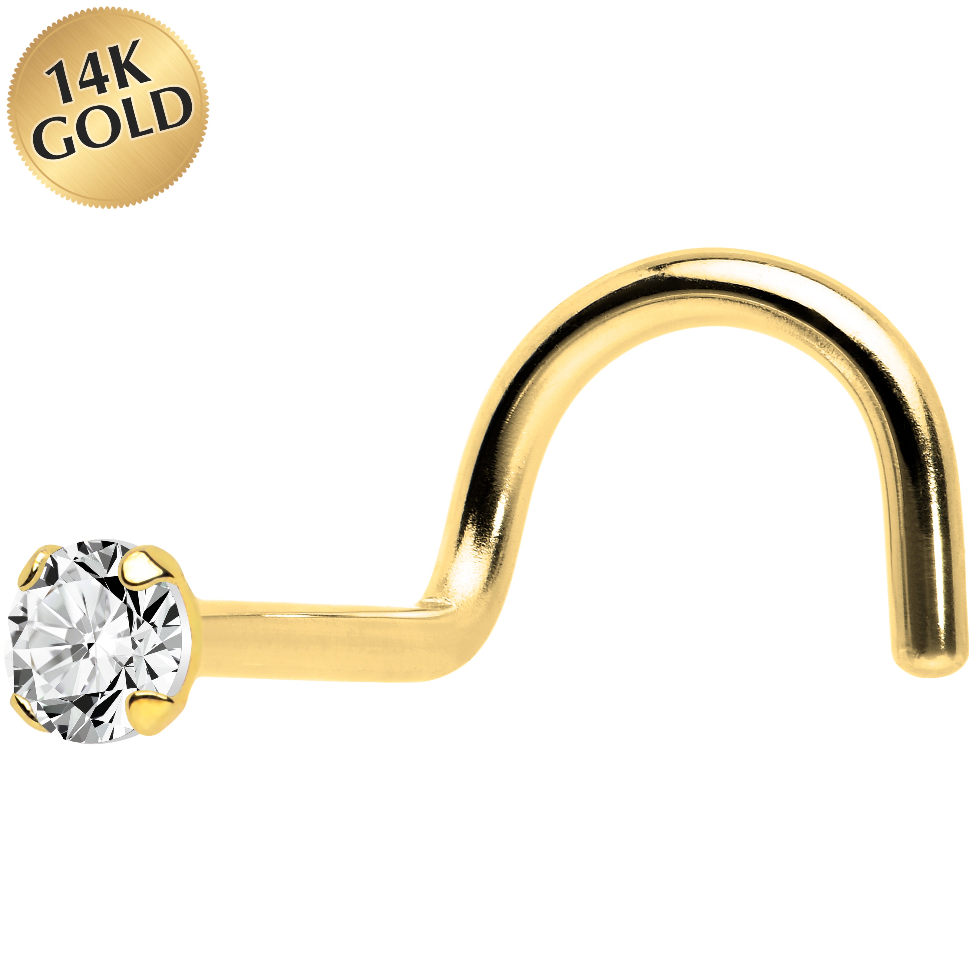 Solid 14K Yellow Gold 2mm Cubic Zirconia Solitaire Nose Ring