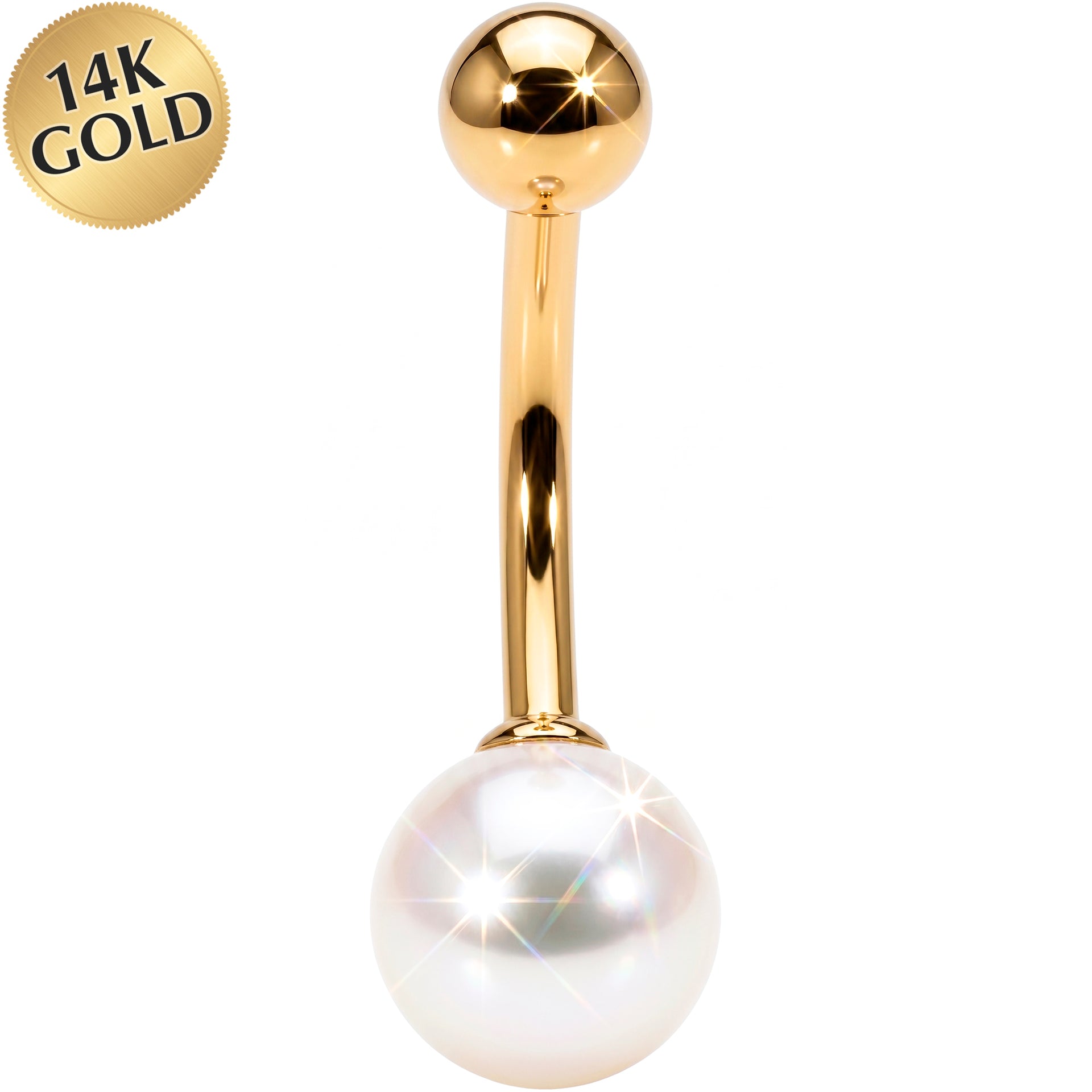 Solid 14K Yellow Gold Synthetic Pearl Belly Ring