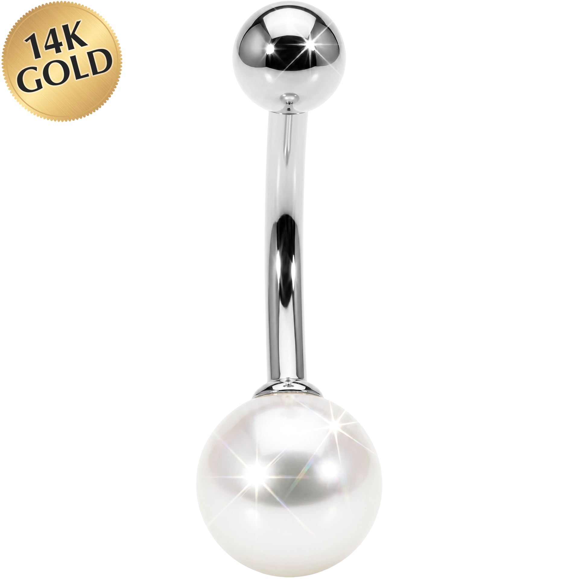 16G Solid 14K White Gold Synthetic Pearl Belly Ring