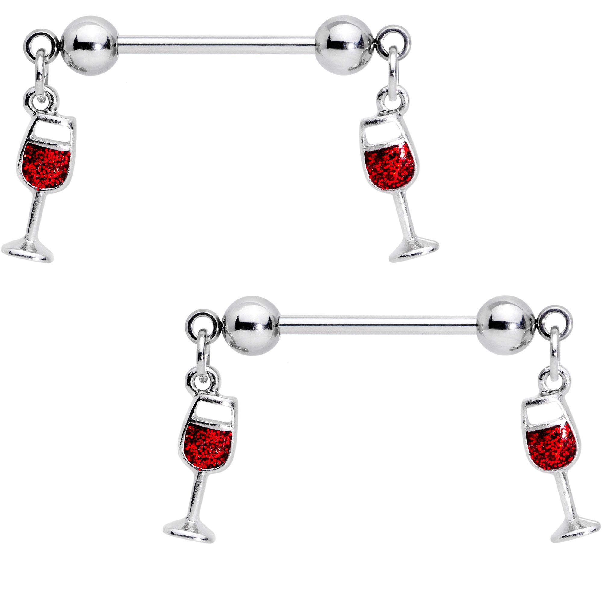14 Gauge 5/8 Red Wine Glass Dangle Barbell Nipple Rings