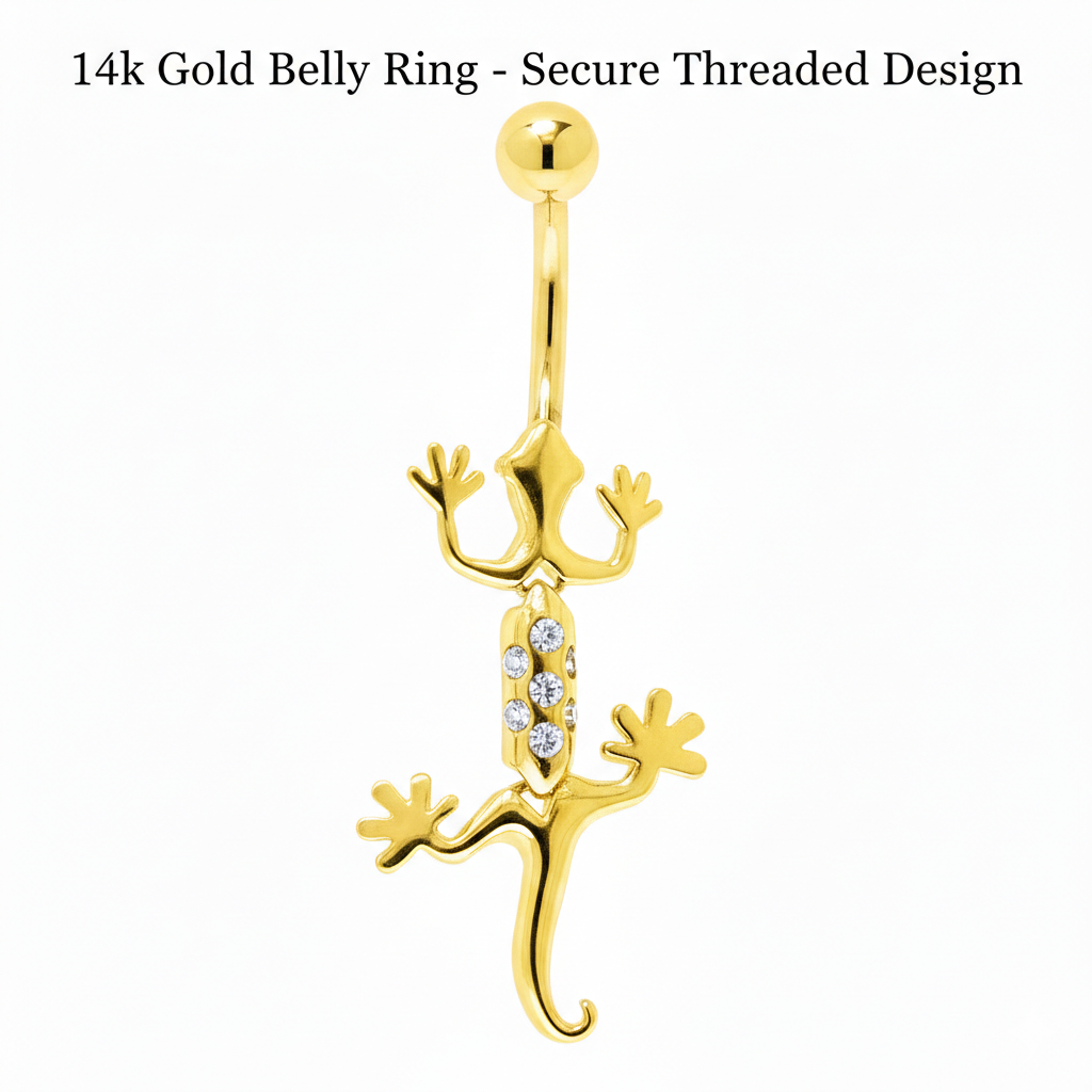 14k gold lizard belly ring with cubic zirconias