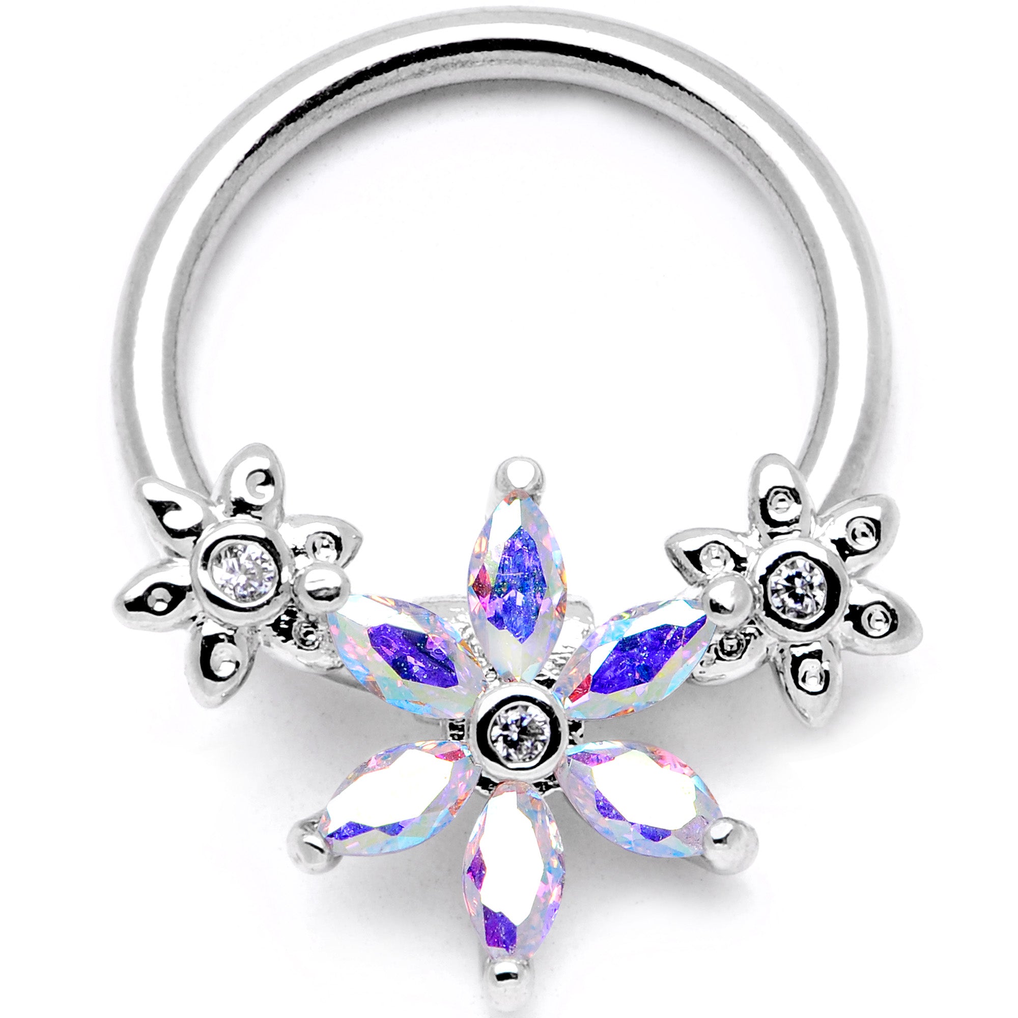 16G 3/8" Aurora CZ Gem Flower BCR Captive Ring