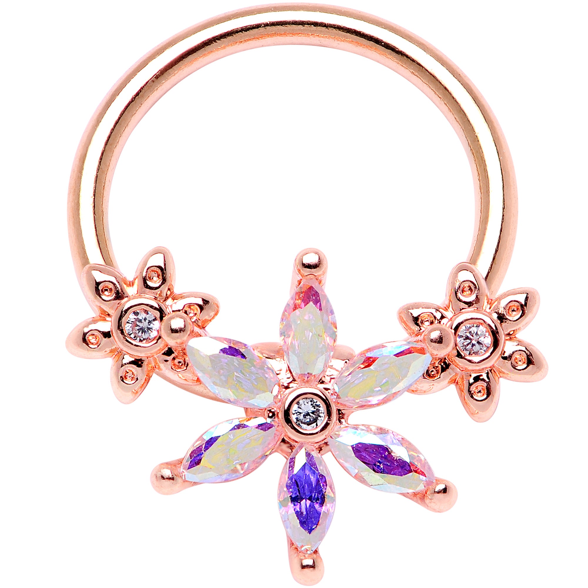 16G 3/8" Aurora CZ Gem Rose Gold Tone Flower BCR Captive Ring