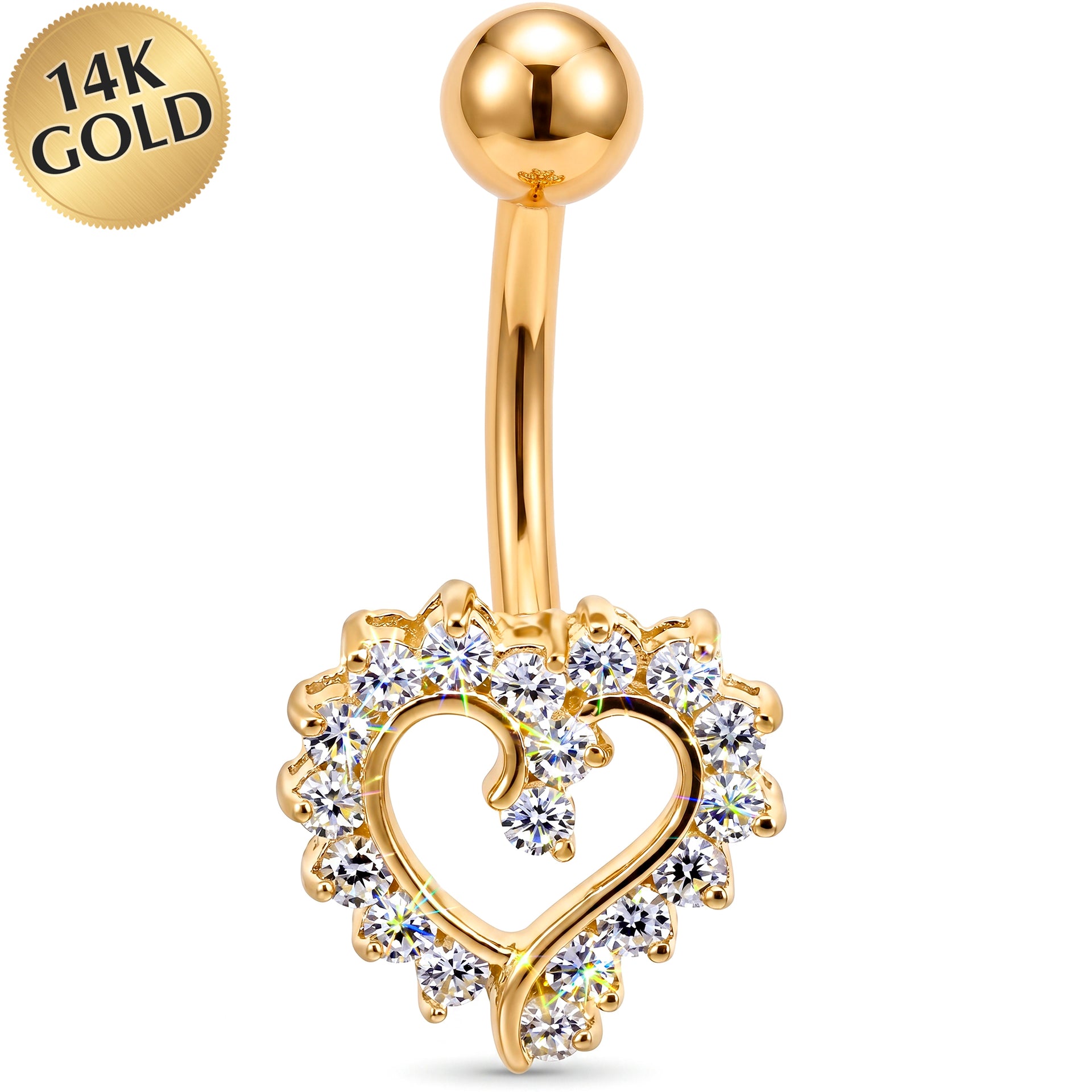 16G Solid 14K Yellow Gold Cubic Zirconia HOLLOW HEART Belly Ring