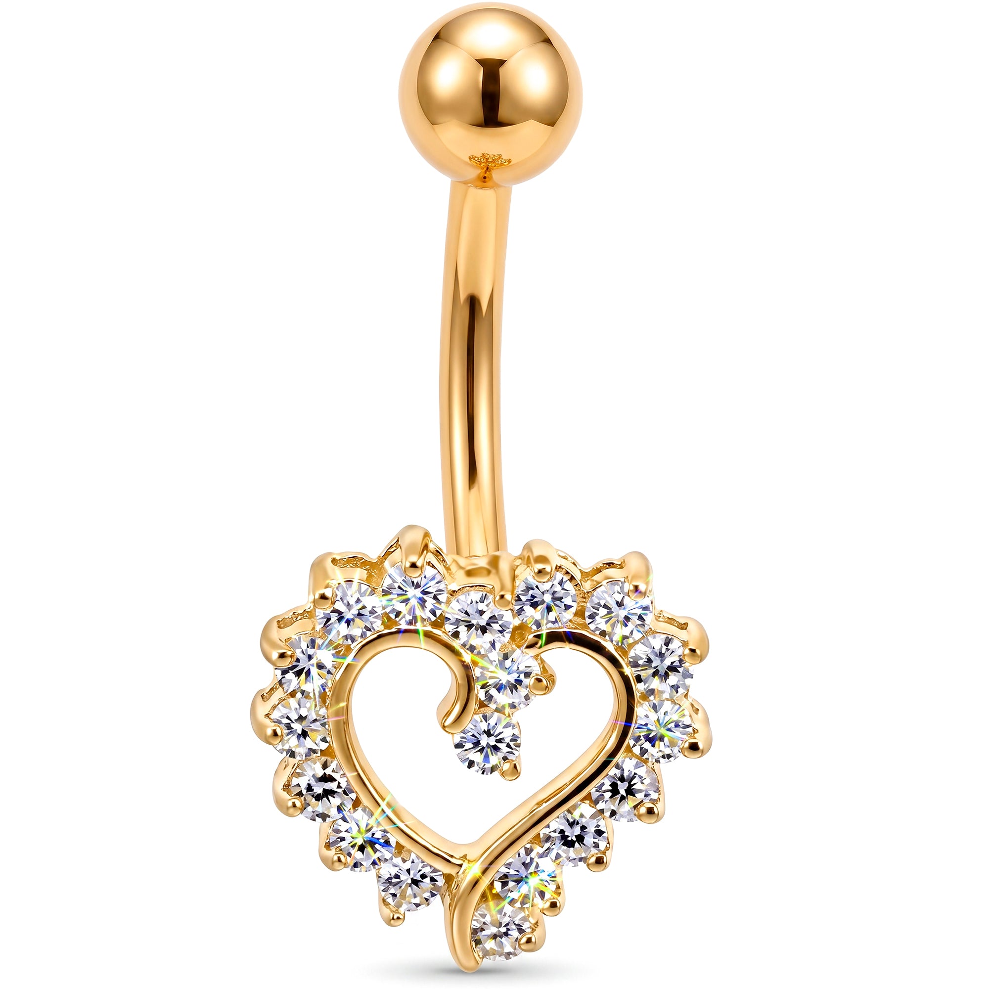 16G Solid 14K Yellow Gold Cubic Zirconia HOLLOW HEART Belly Ring