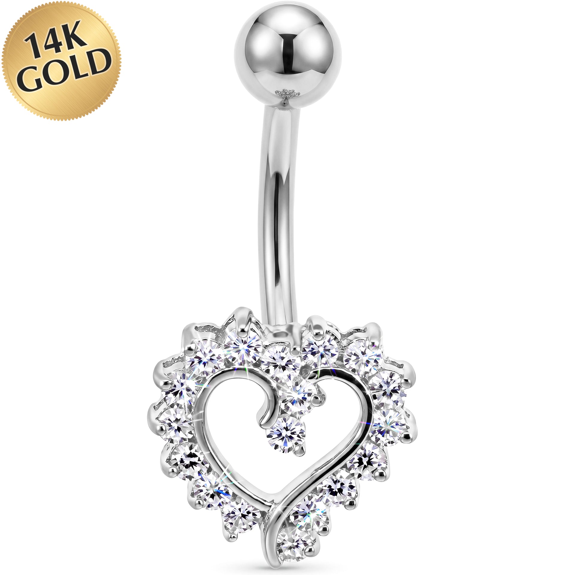 16G Solid 14K White Cubic Zirconia HOLLOW HEART Belly Ring