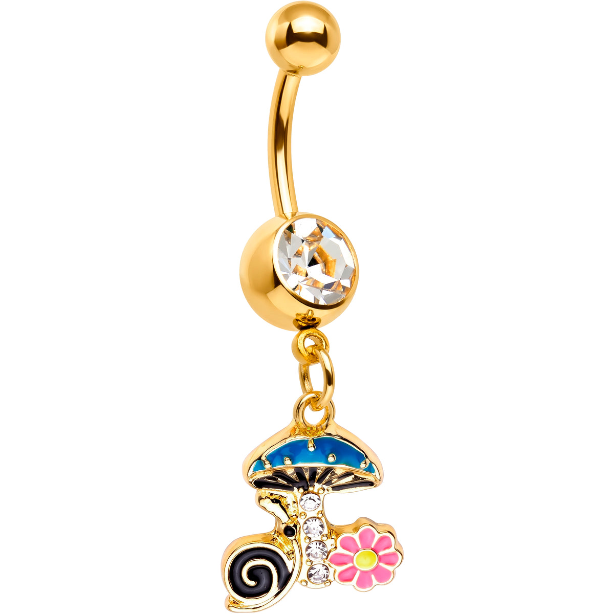 Clear Gem Gold Tone Snail Flower Magic Mushroom Dangle Belly Ring