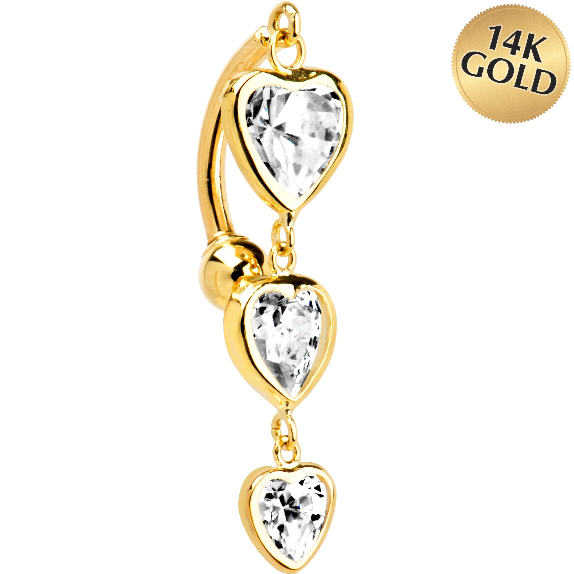 16G Solid 14K Yellow Gold TOP MOUNT Cubic Zirconia HEART TRILOGY Belly Ring