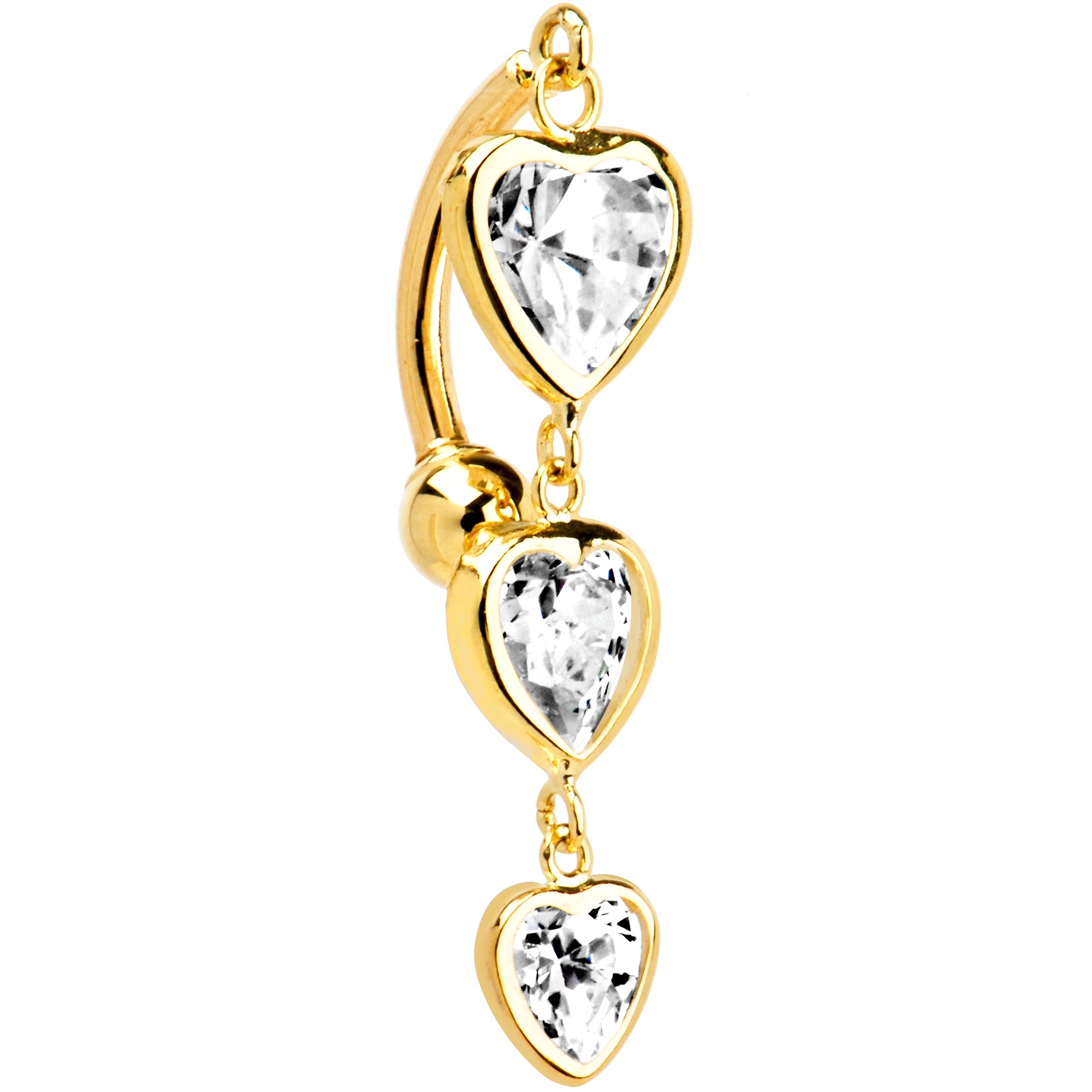 16G Solid 14K Yellow Gold TOP MOUNT Cubic Zirconia HEART TRILOGY Belly Ring