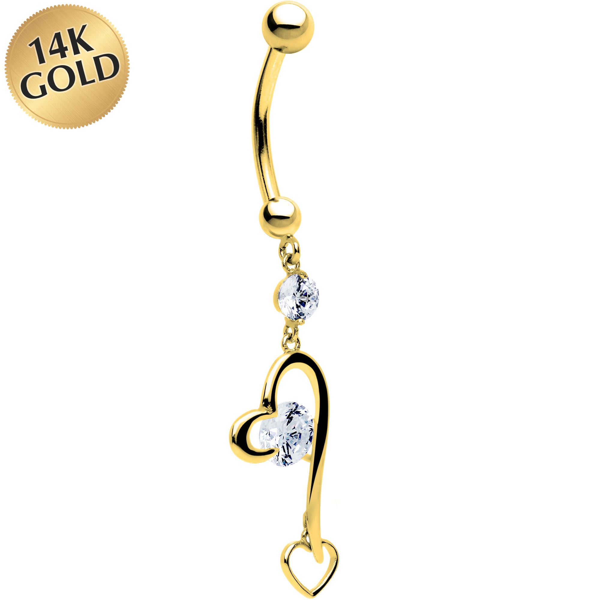 16G Solid 14K Yellow Gold Cubic Zirconia HEART FANTASY Dangle Belly Ring