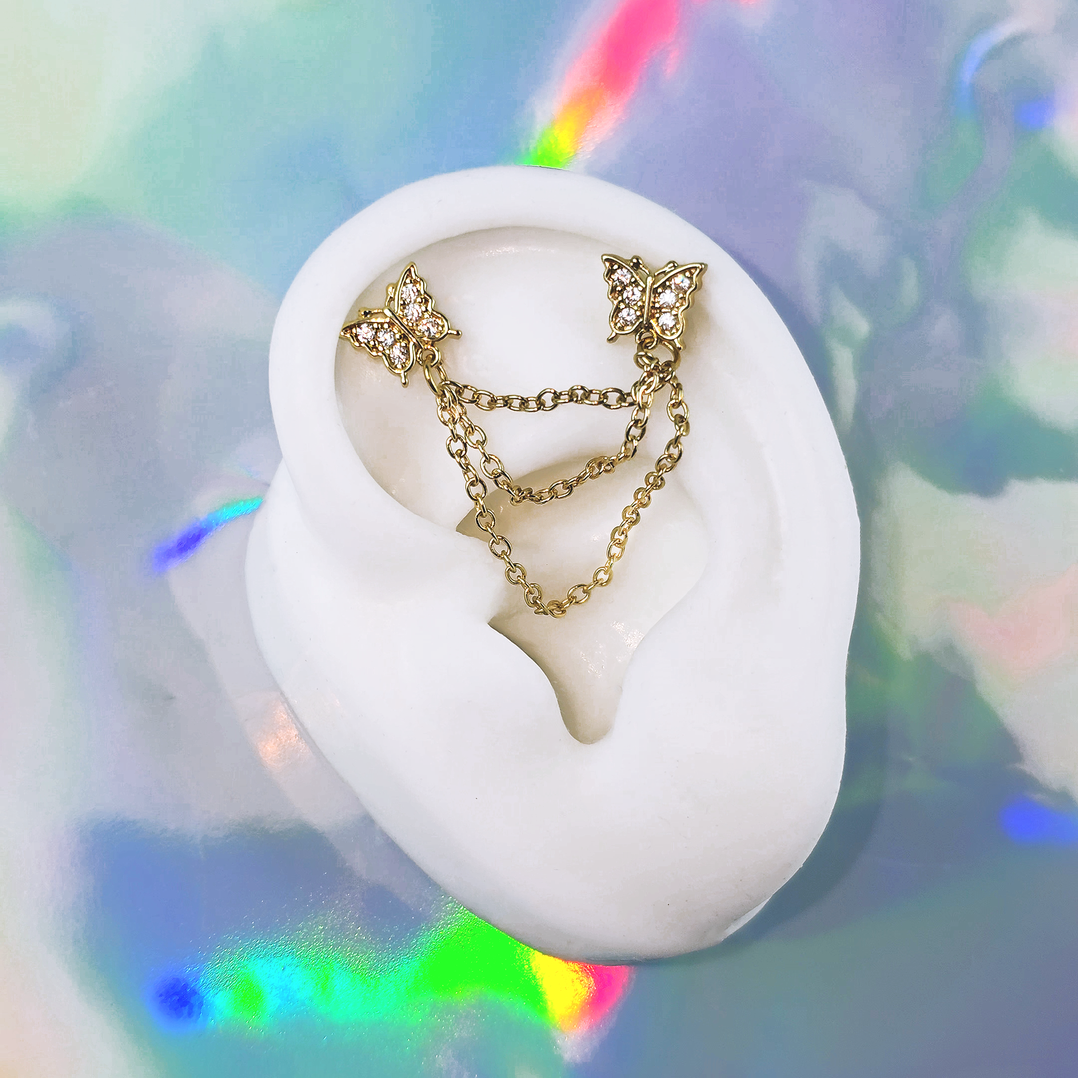 16G 1/4 Clear CZ Gem Gold Tone Butterfly Dangle Chain Earring