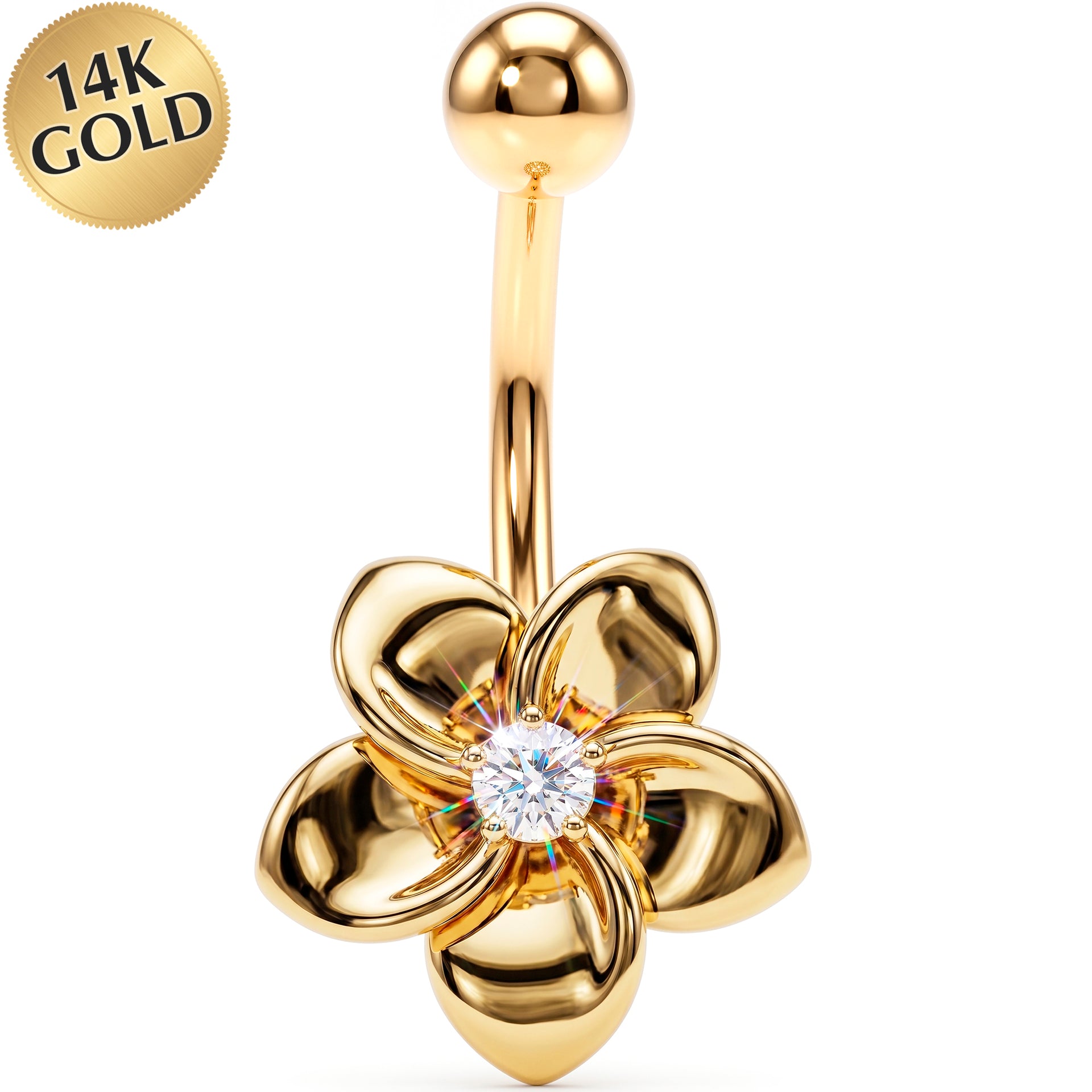 16G Solid 14K Yellow Gold FLOWER Belly Ring