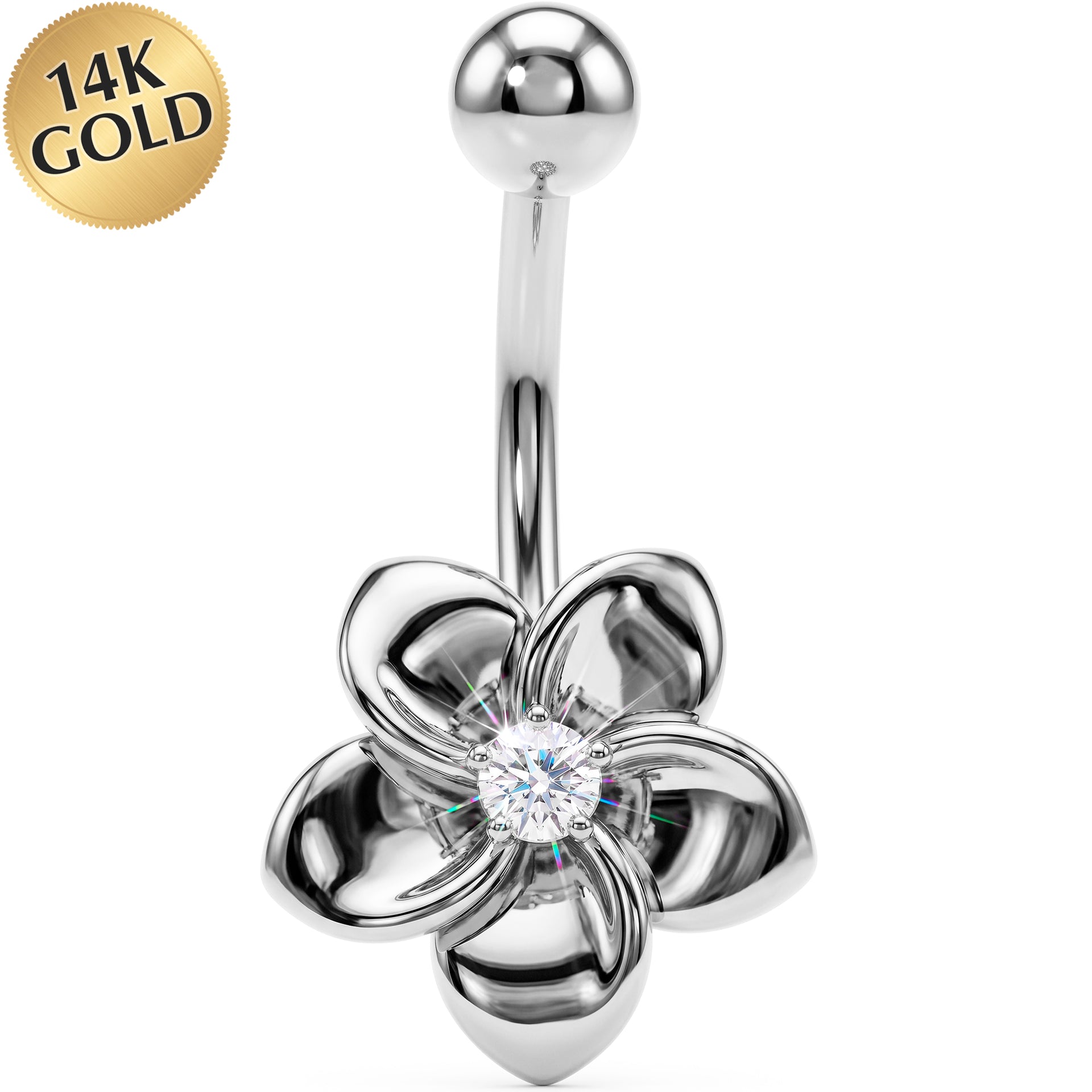 16G Solid 14K White Gold Cubic Zirconia FLOWER Belly Ring