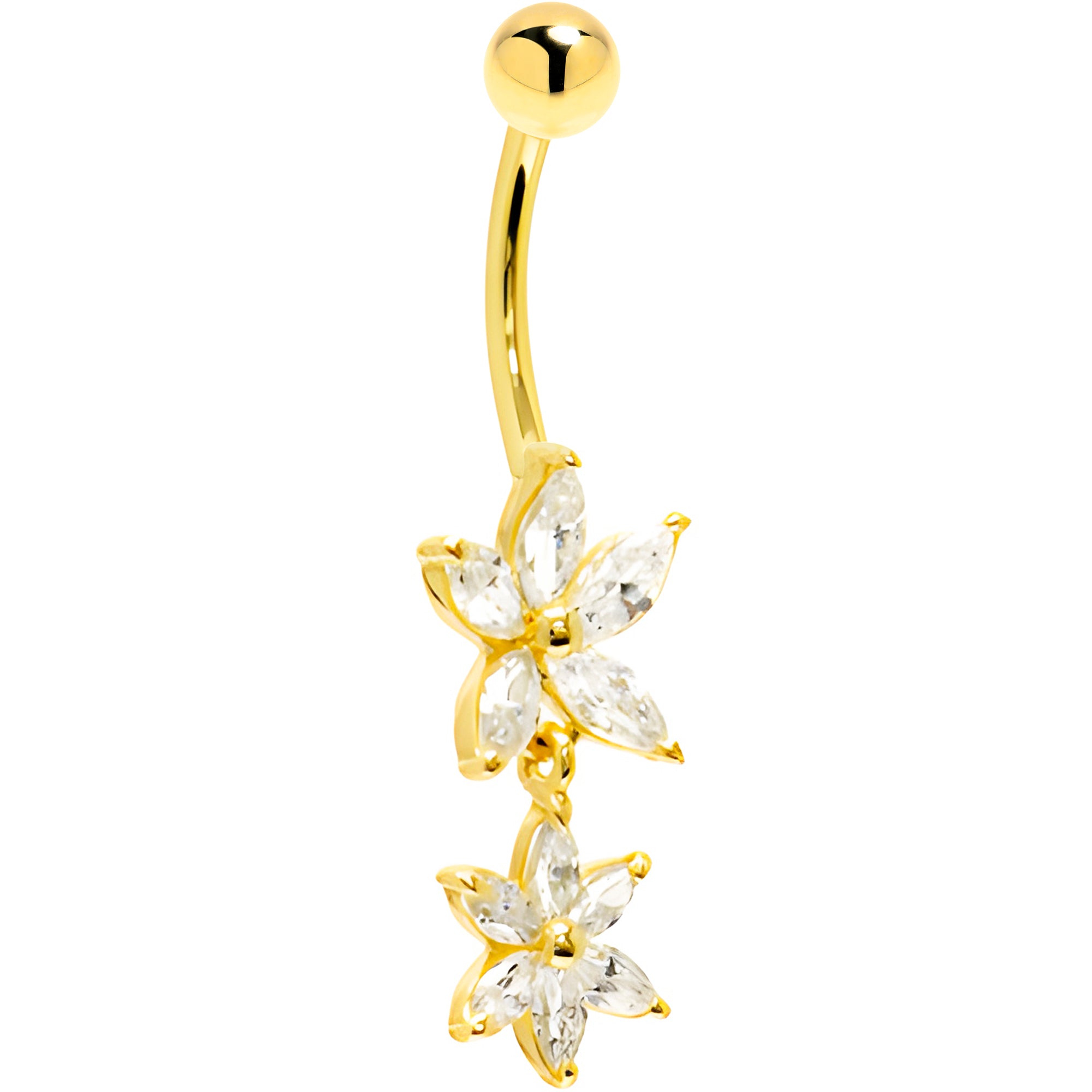 16G Solid 14K Yellow Gold Cubic Zirconia DUAL LILY Dangle Belly Ring