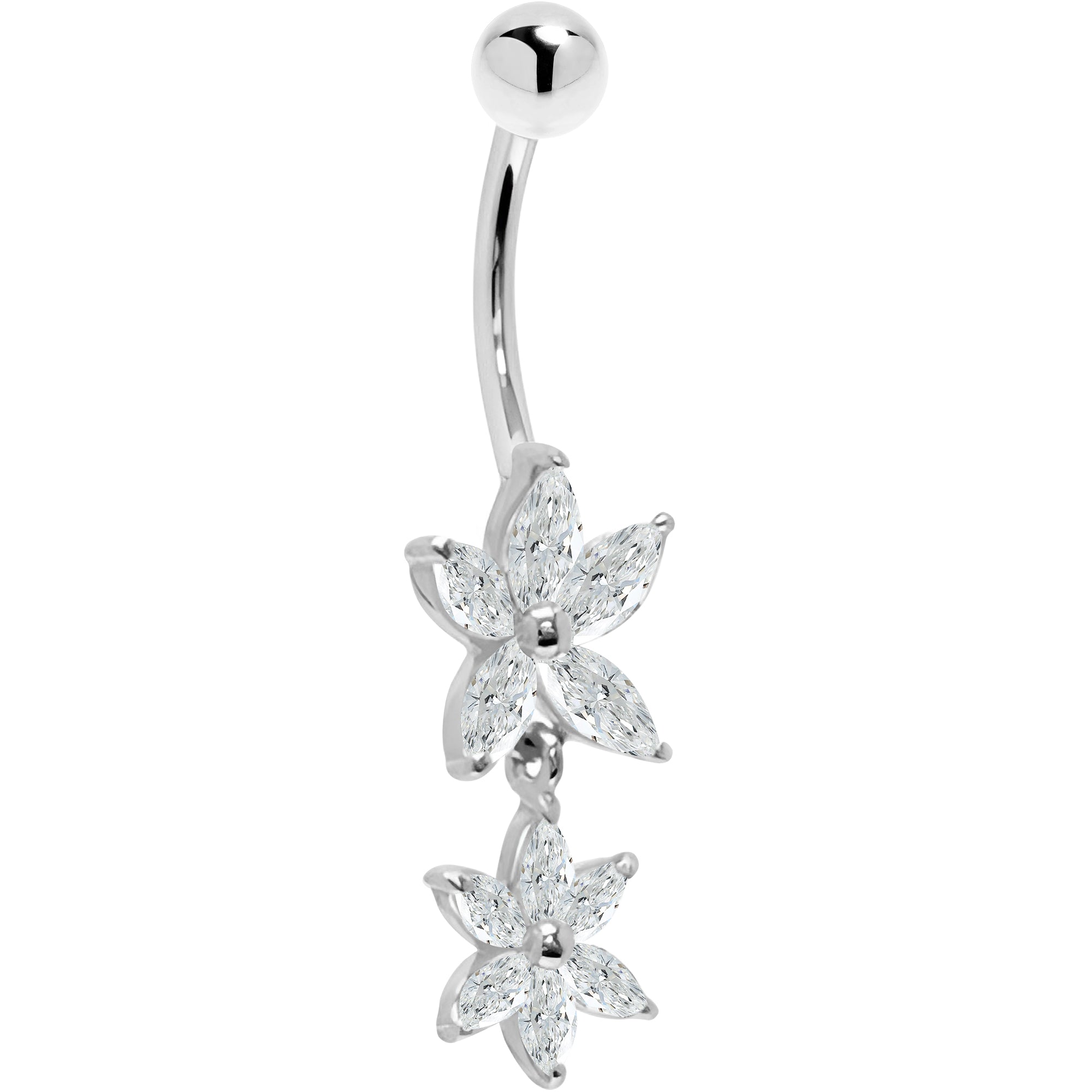 16G Solid 14K White Gold Cubic Zirconia DUAL LILY Dangle Belly Ring
