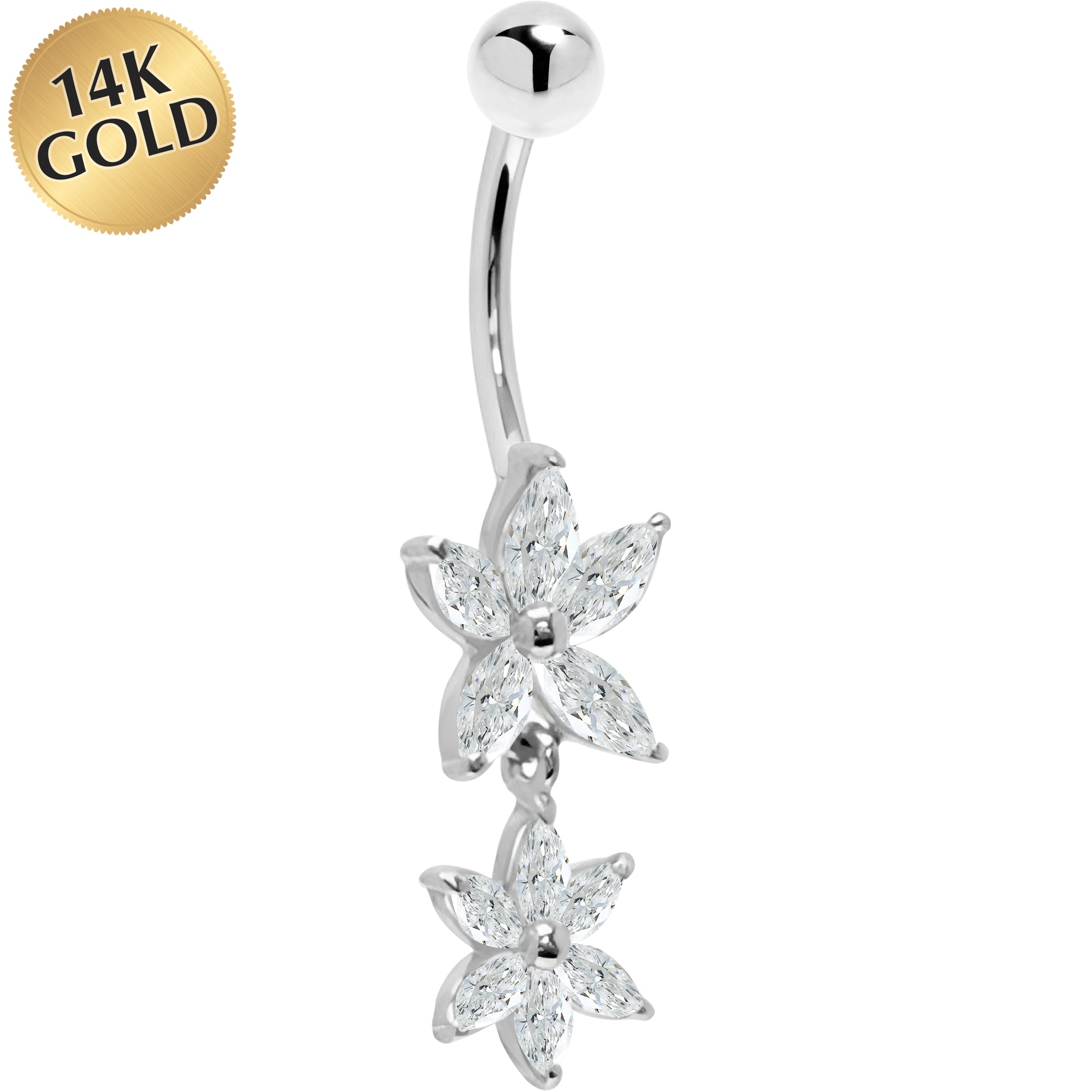 16G Solid 14K White Gold Cubic Zirconia DUAL LILY Dangle Belly Ring