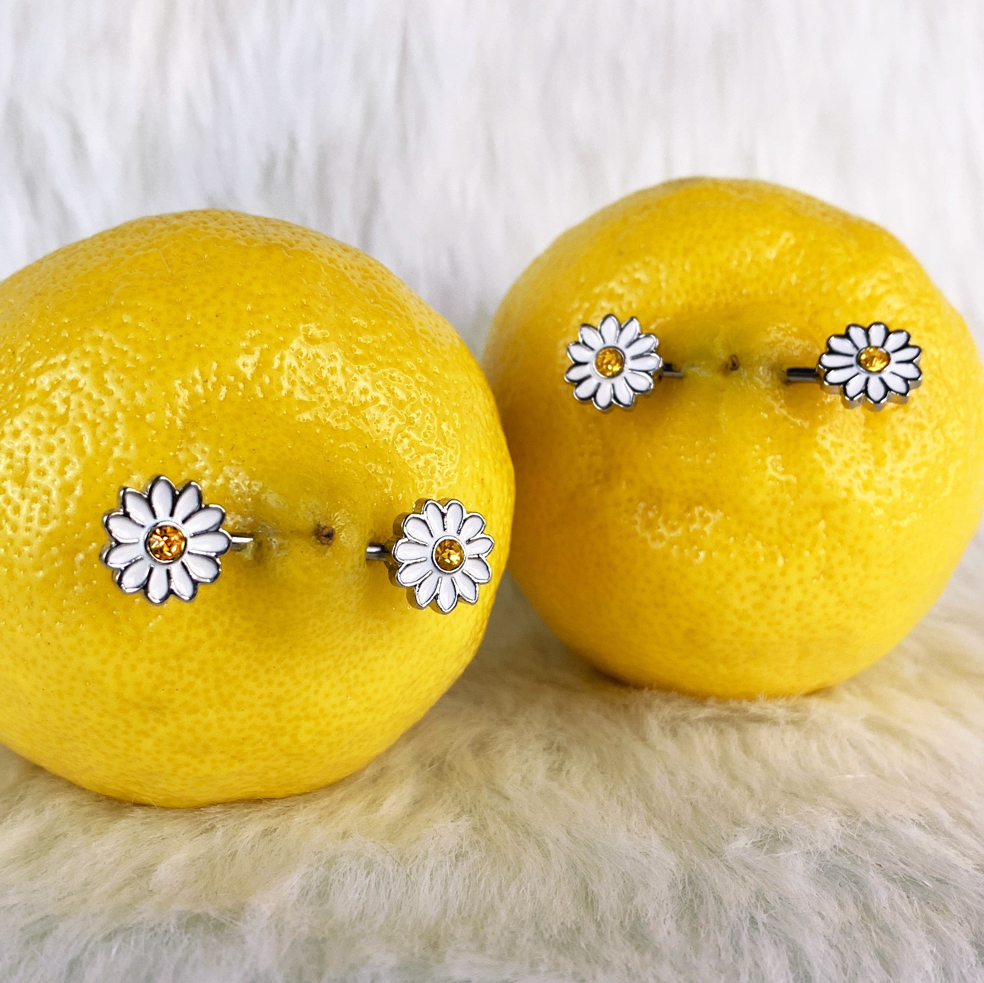14 Gauge 9/16 Yellow Gem White Daisy Flower Hippie Nipple Ring Set