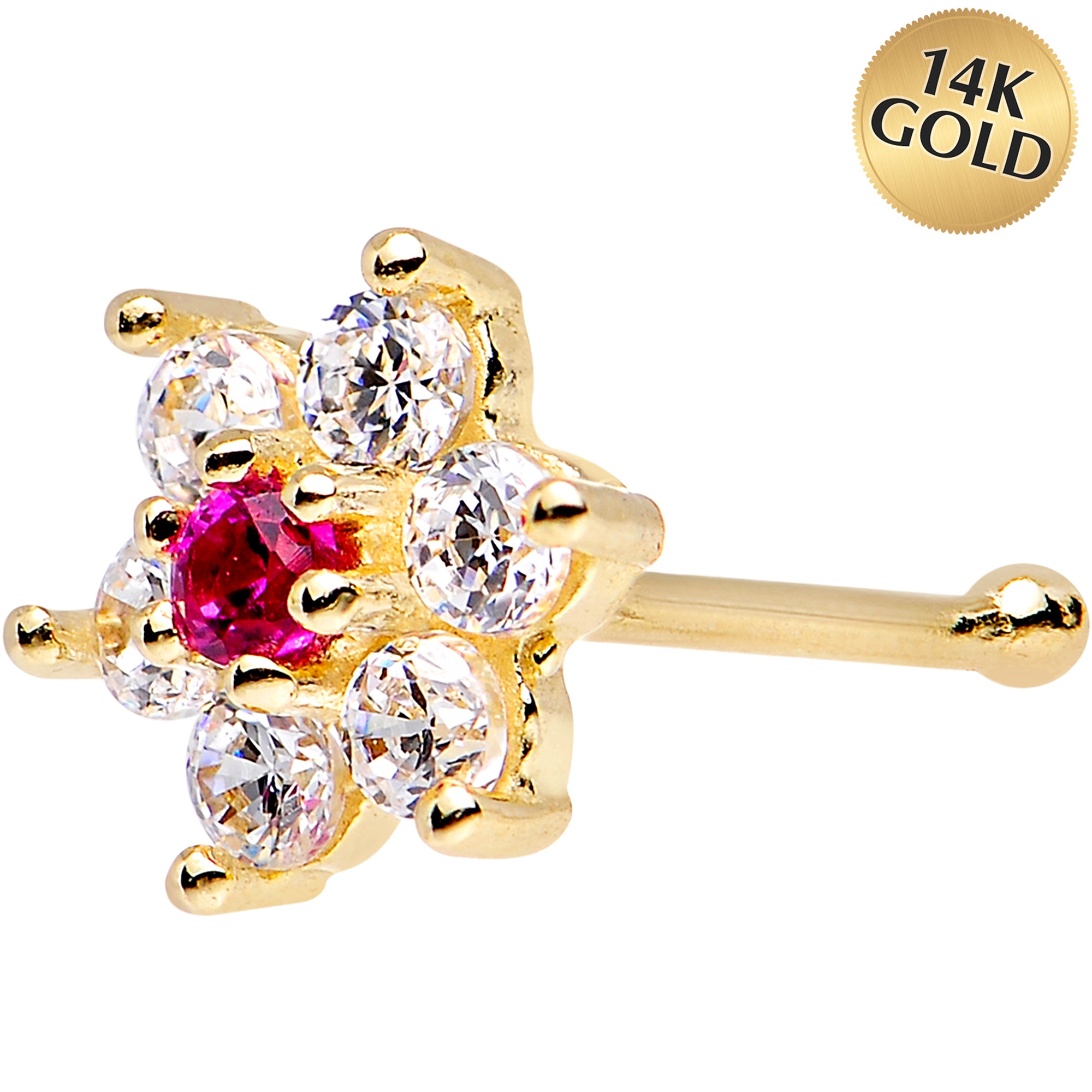 Solid 14KT Yellow GOLD Fuchsia AND Crystalline CZ FLOWER Nose Stud