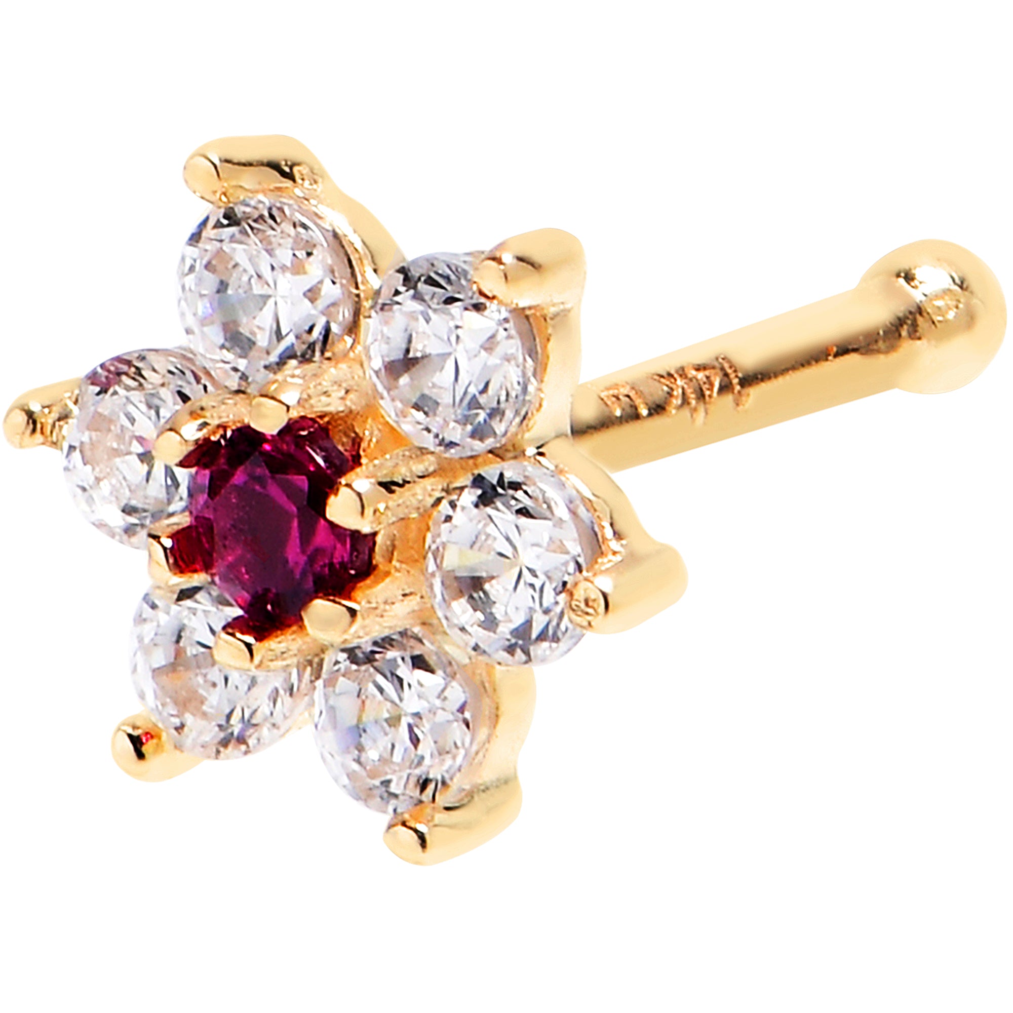 Solid 14K Yellow GOLD Fuchsia CZ FLOWER Nose Stud