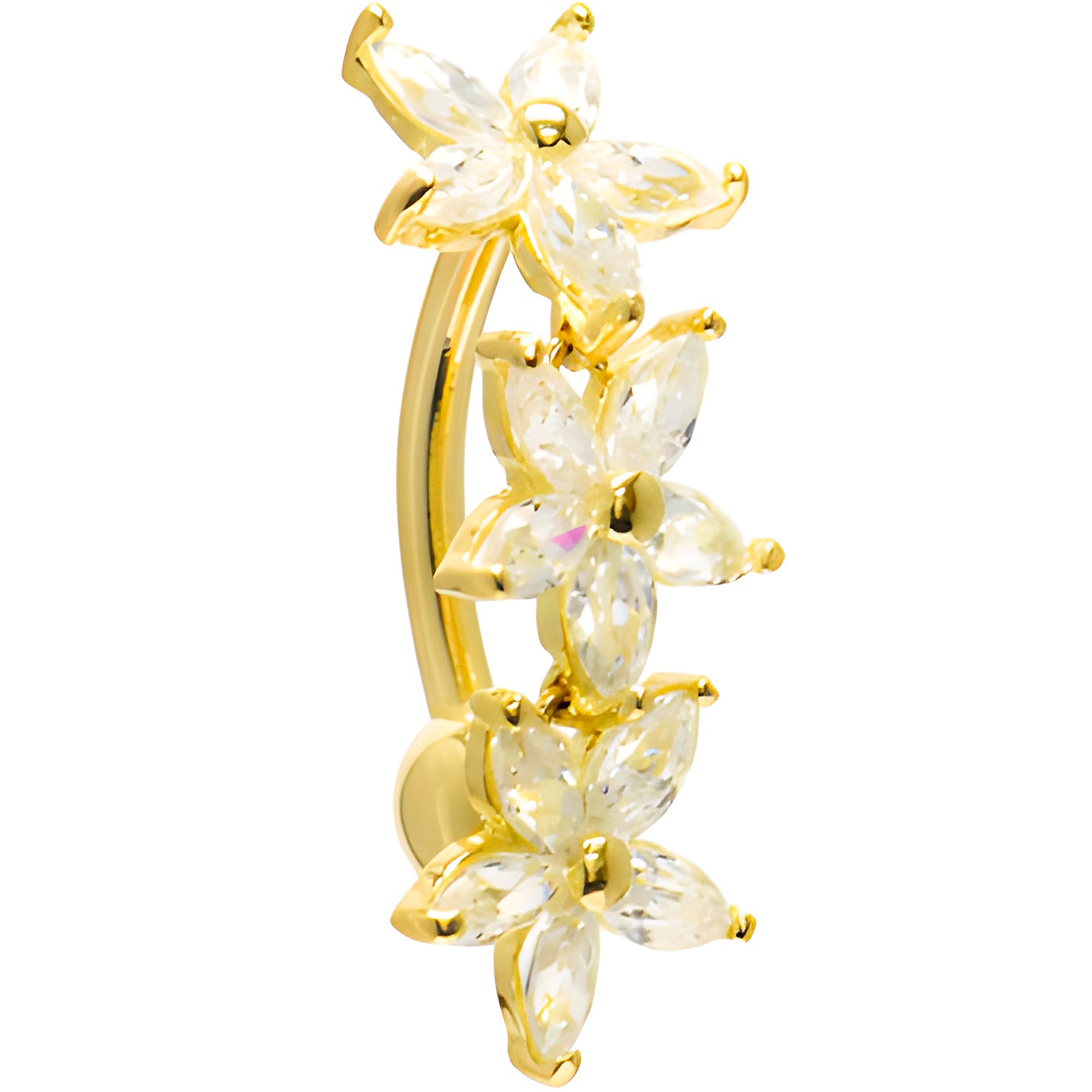 16G Solid 14K Yellow Gold Top Mount Cubic Zirconia Lily Drop Belly Ring