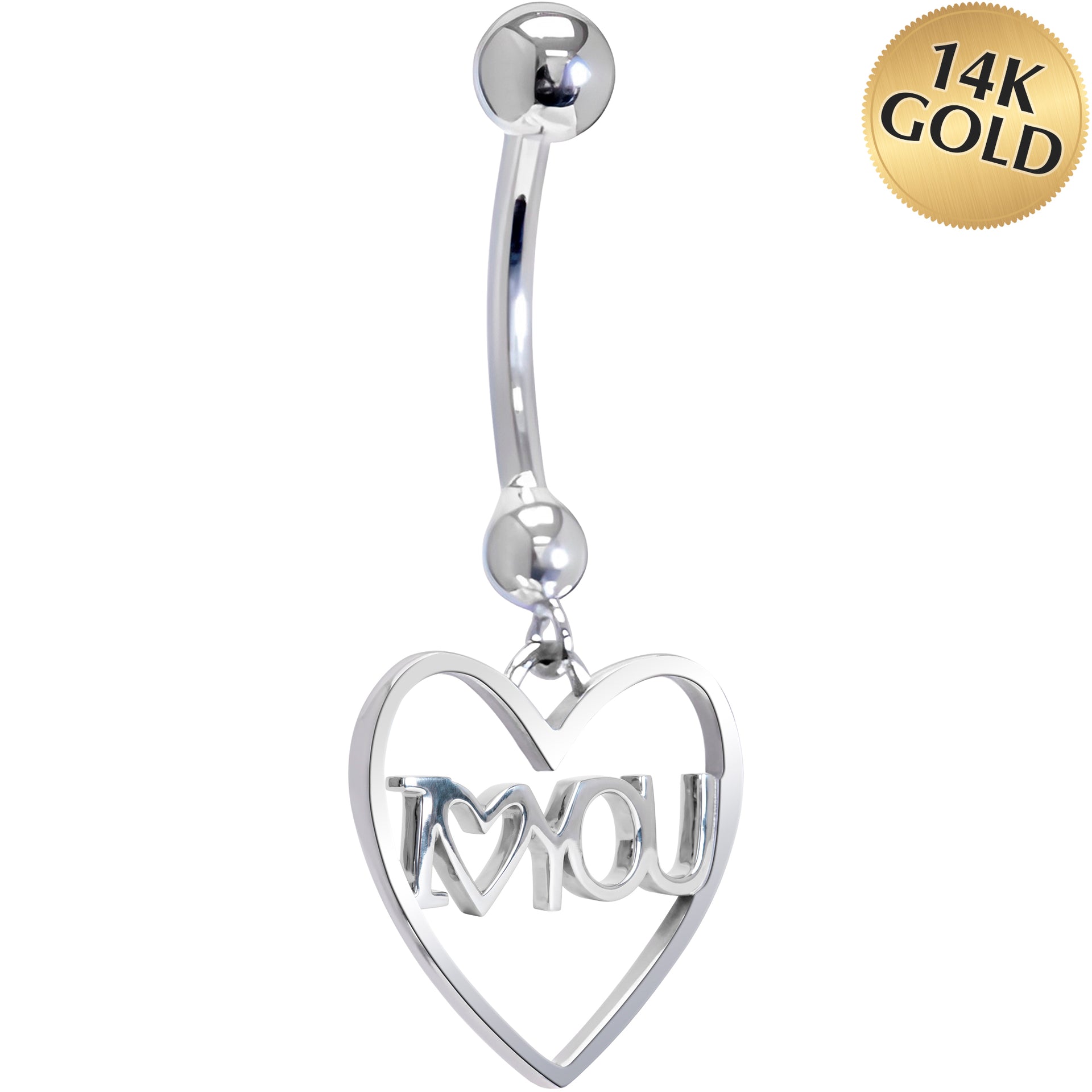 16G Solid 14K White Gold I LOVE YOU HEART Belly Ring