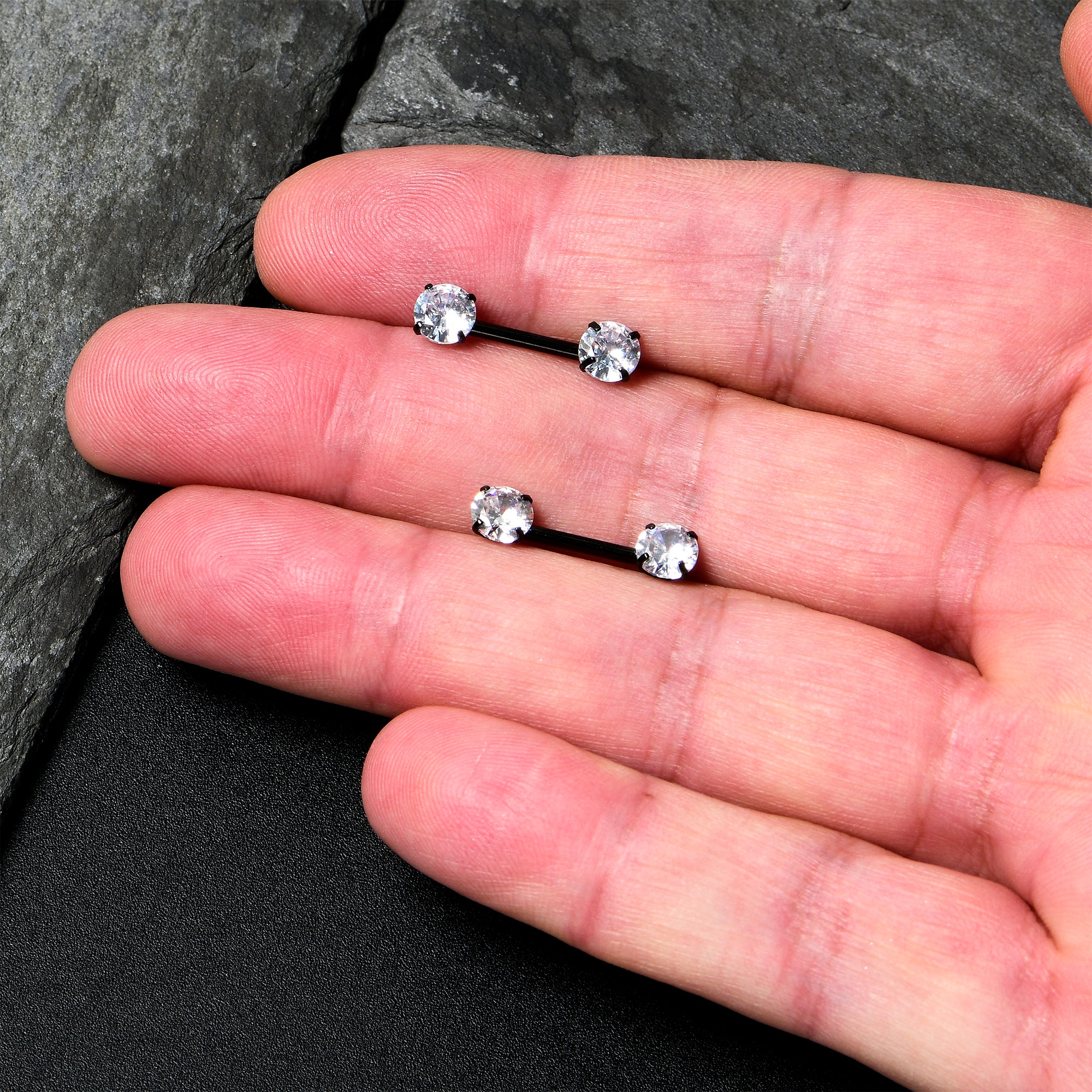 14G 1/2 Clear CZ Gem Black Threadless Barbell Nipple Ring Set