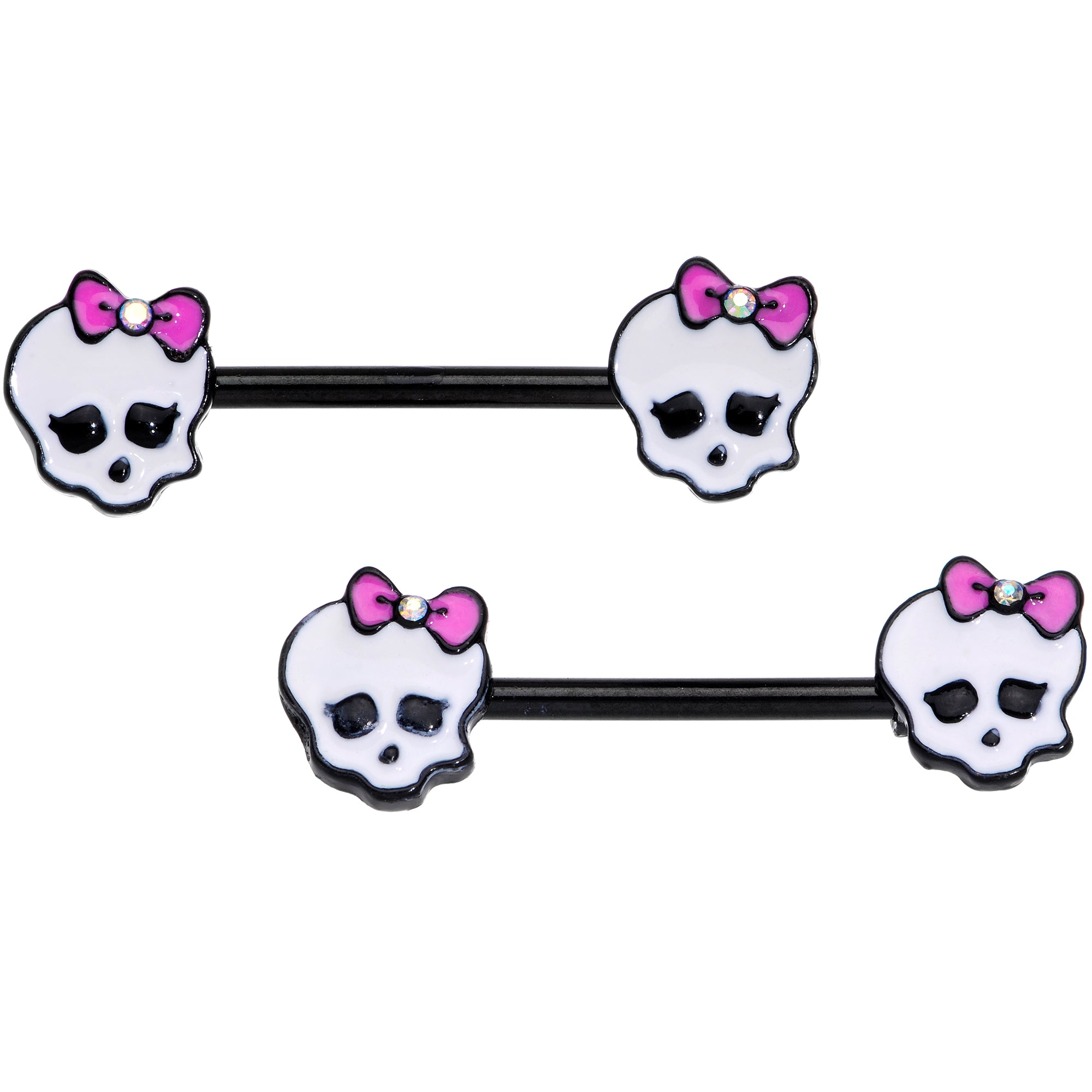 14 Gauge 9/16 Aurora Gem Black Kawaii Skull Barbell Nipple Ring Set