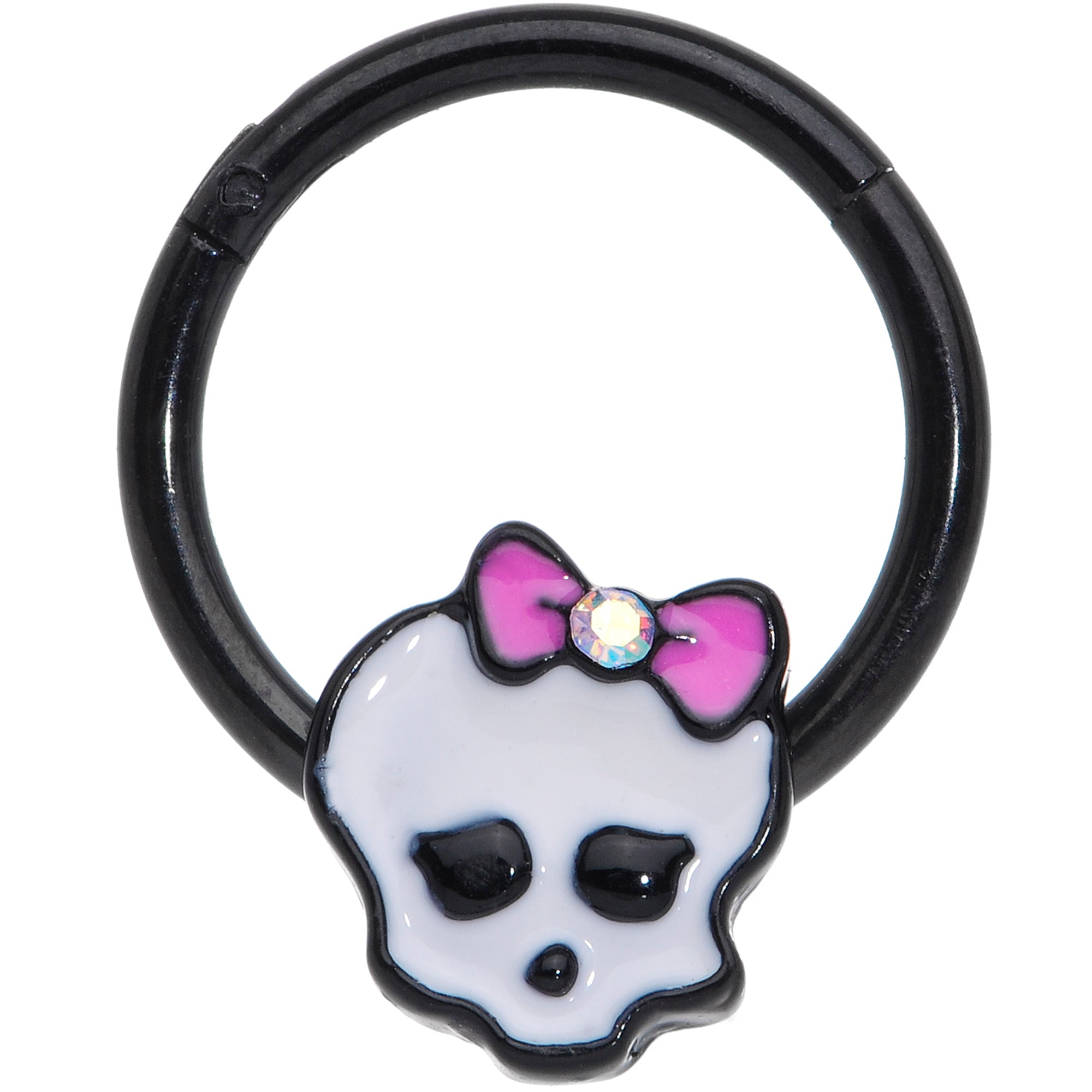 16 Gauge 3/8 Aurora Gem Black Kawaii Skull Hinged Segment Ring