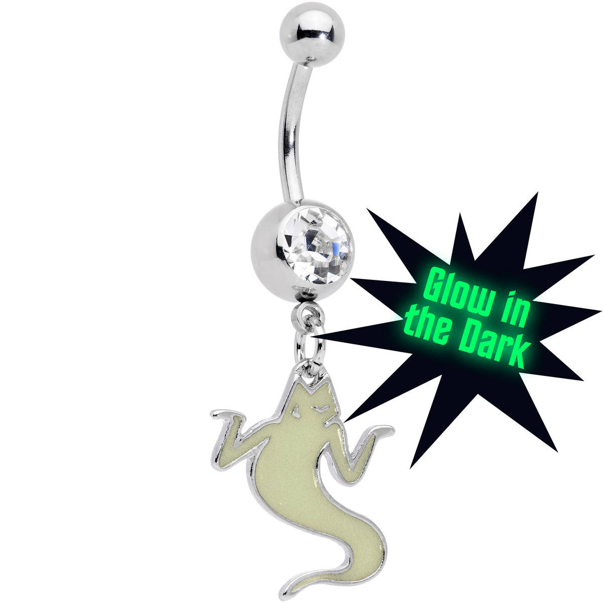 Clear Gem White Ghost Glow in the Dark Halloween Dangle Belly Ring