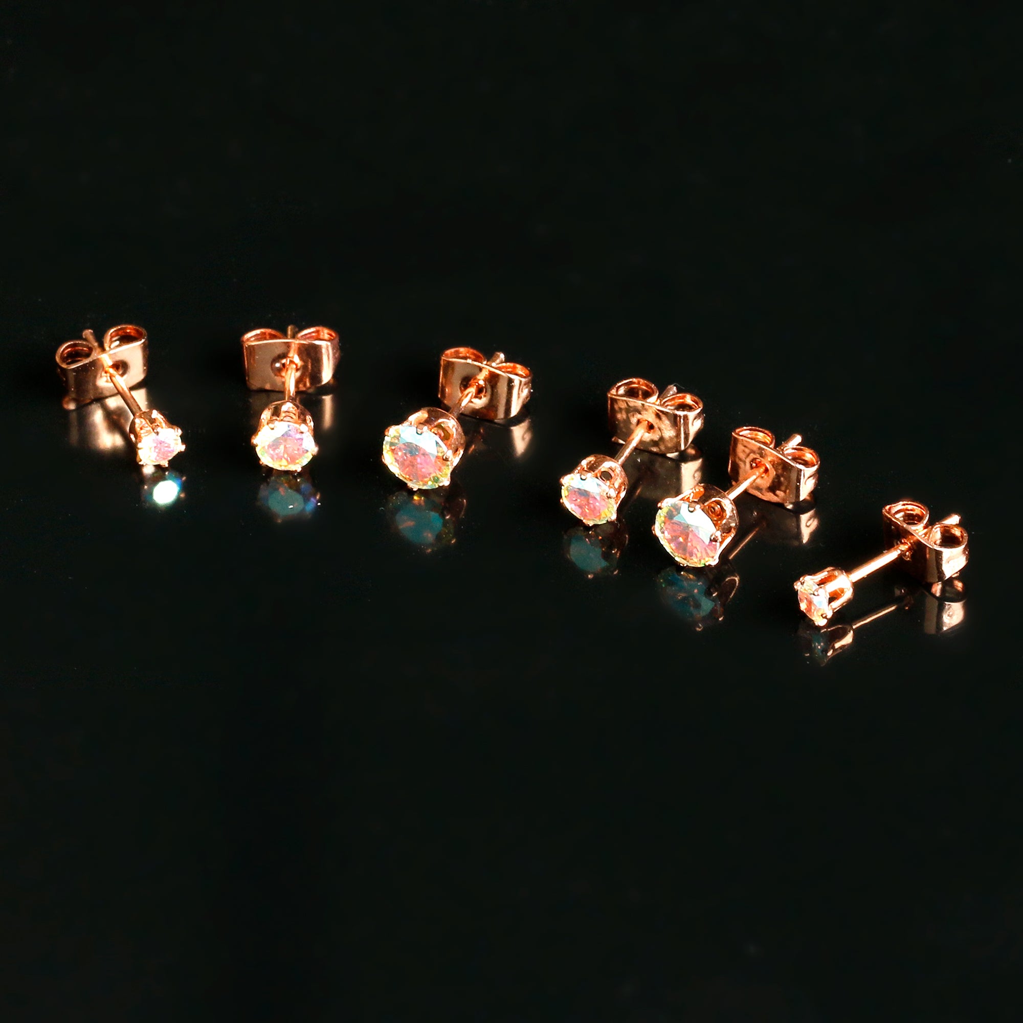 Set of 6 Aurora CZ Gem Rose Gold Post Stud Earrings