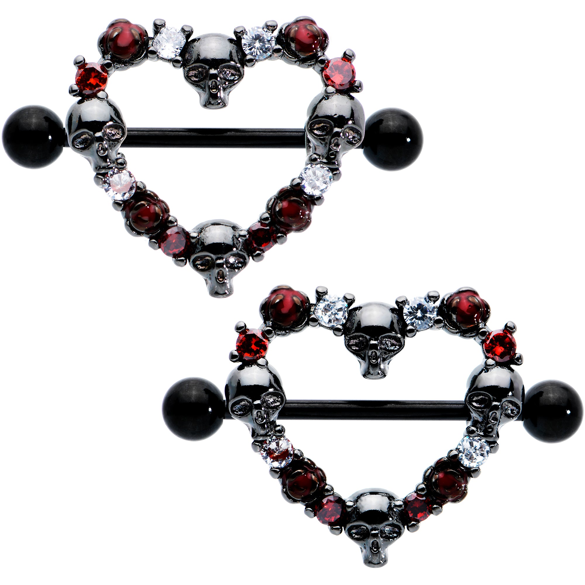 14G 7/8 Red CZ Gem Black Skull Heart Halloween Nipple Shield Set