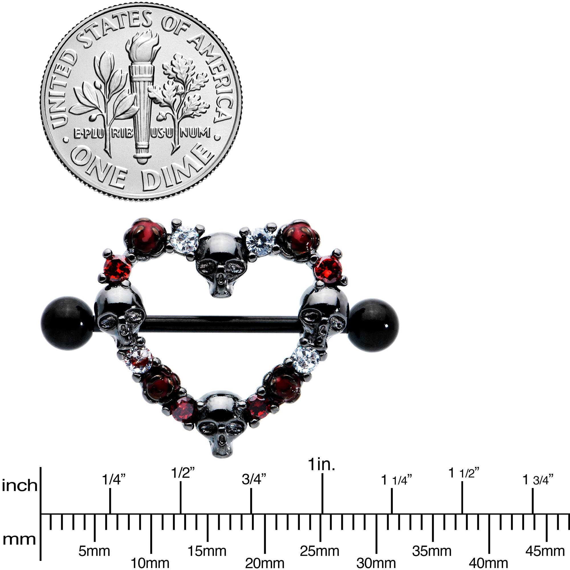 14G 7/8 Red CZ Gem Black Skull Heart Halloween Nipple Shield Set