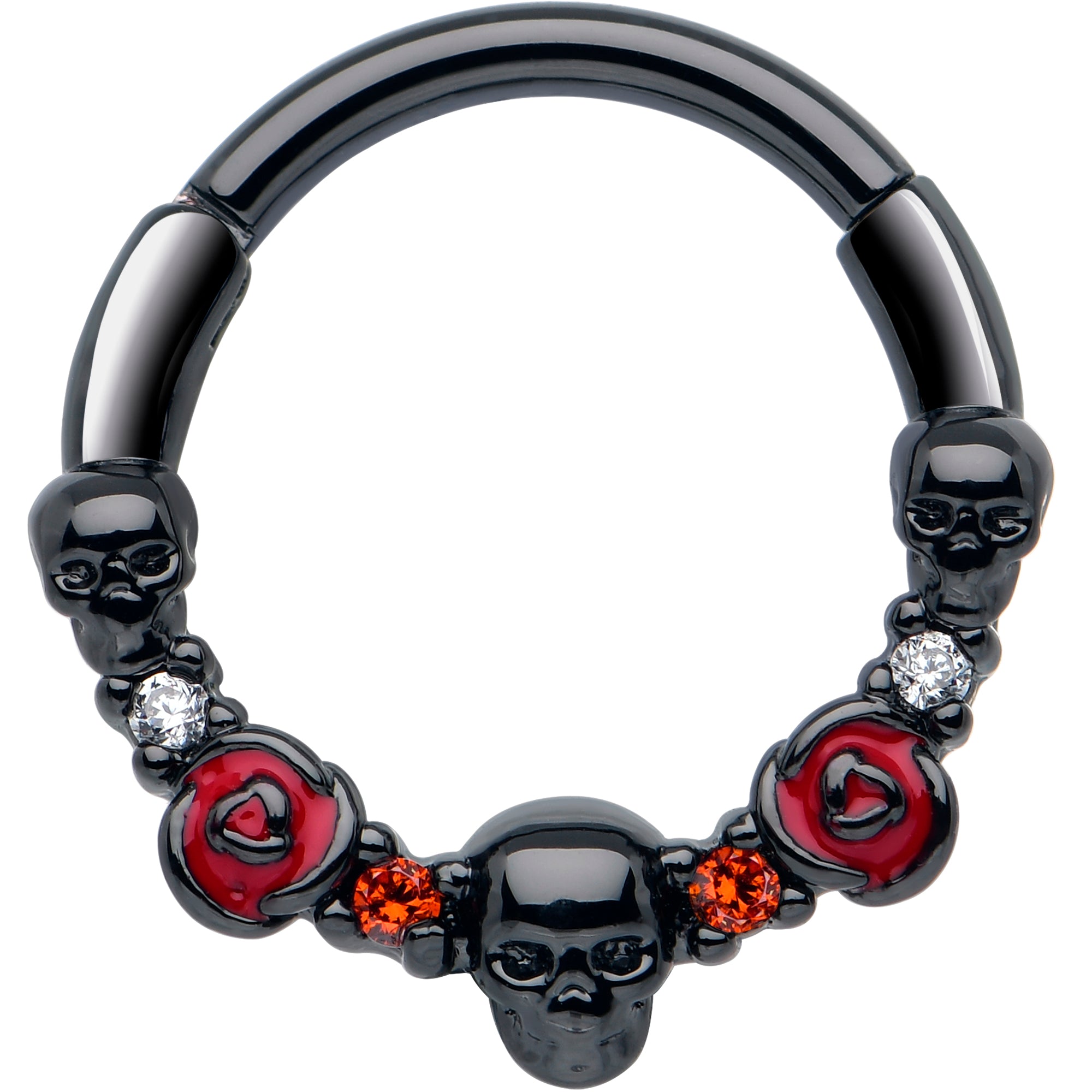 16G 3/8 Red Clear CZ Gem Black Skull Halloween Hinged Segment Ring