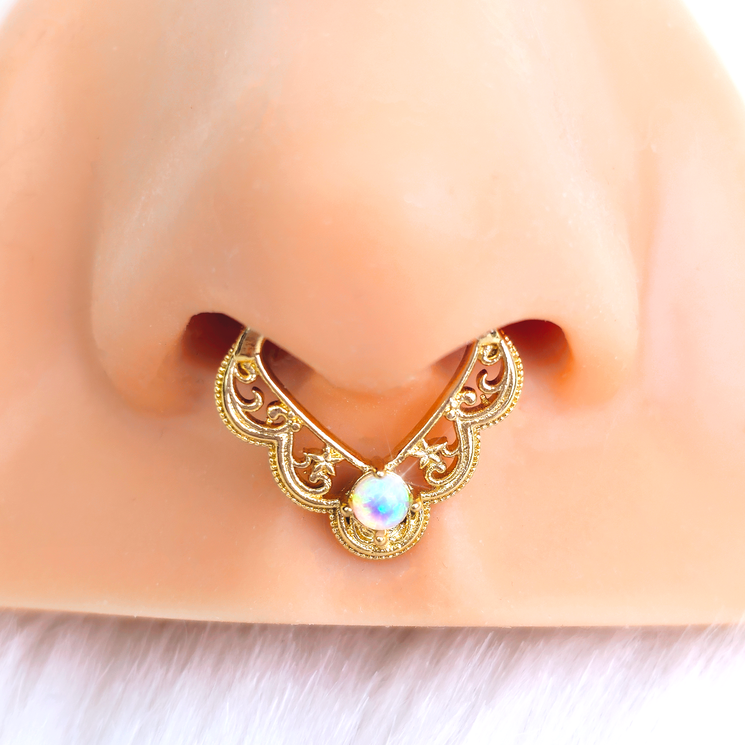 16G 5/16 White Synth Opal Gold Tone Lacy Love Cartilage Clicker