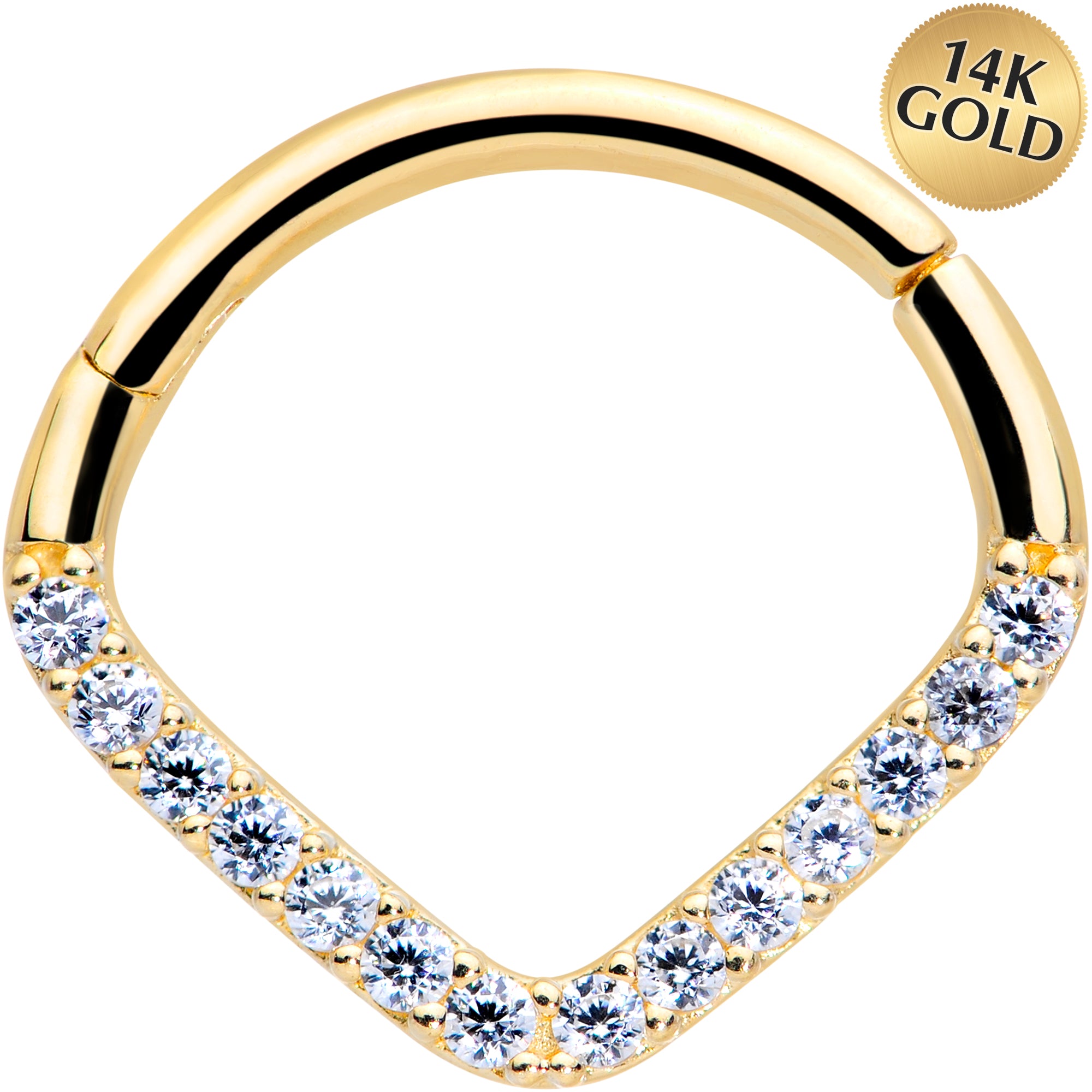 16G 3/8 14k Gold Clear CZ Gem Chevron Hinged Segment Ring