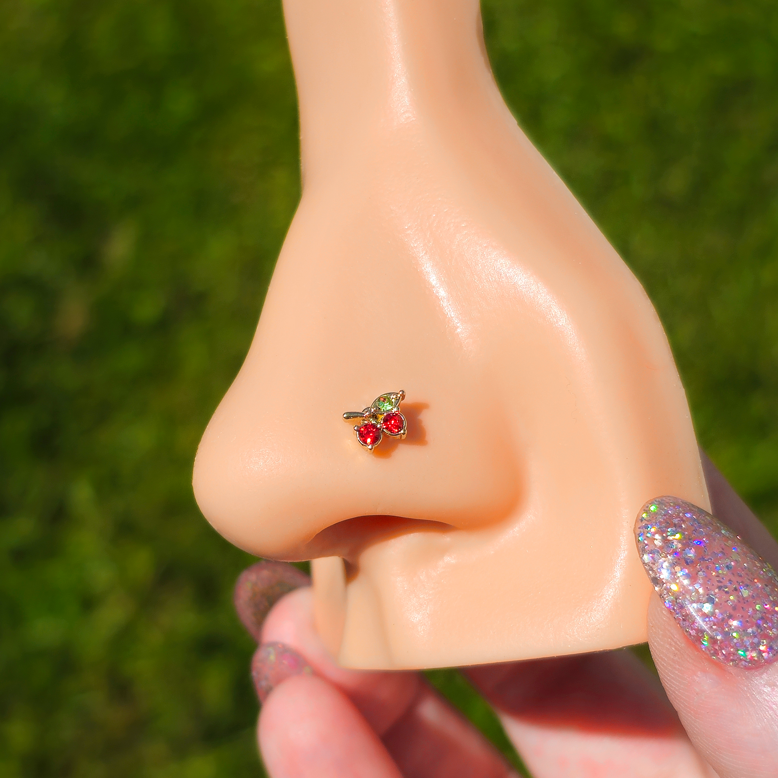 20G 1/4 Red Green Gem Gold Tone Tasty Cherry Fruit Nose Bone