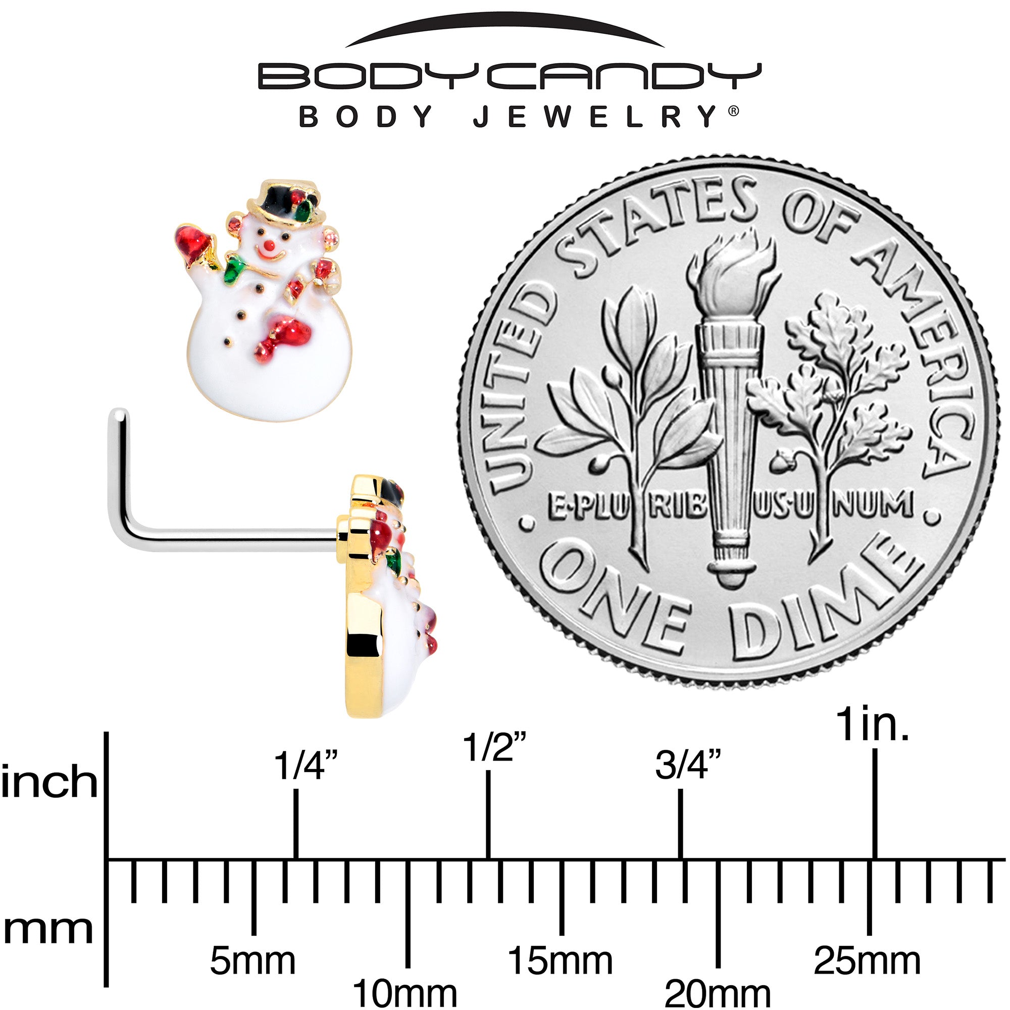Gold tone snowman L shaped nose ring with red gem 20 gauge